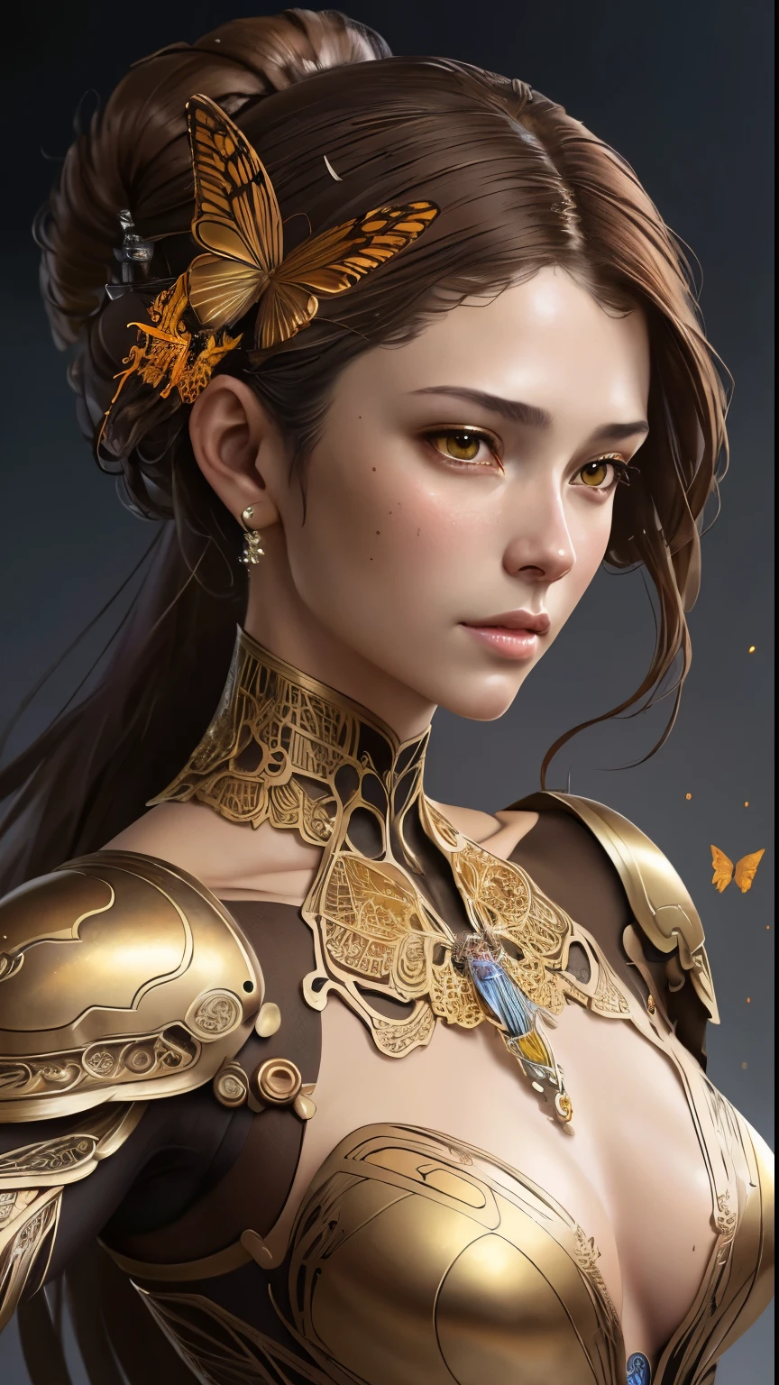 8k portrait of beautiful cyborg with brown hair, intricate, elegant, highly detailed, majestic, digital photography, art by artgerm and ruan jia and greg rutkowski surreal painting gold butterfly filigree, broken glasasterpiece, sidelighting, finely detailed beautiful eyes: 1.2), hdr, 