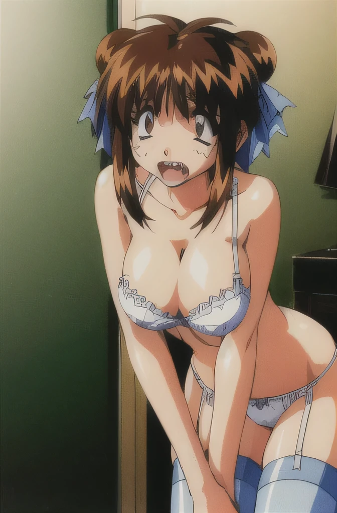 look, 1 girl, alone, hair ribbon, In underwear,white ruffle bra,white panties, clock, garter strap, Thighhighs, teeth, closed one eye, open your mouth, 1990s (style), cleavage, 視聴者をlookいる, leaning forward, cowboy shot, retro artstyle, troubled face,