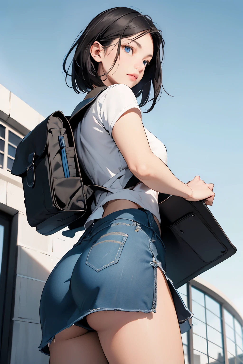 A girl carrying a backpack got her skirt caught in her backpack and flipped up. She turned around and saw blue eyes and a blue sky.