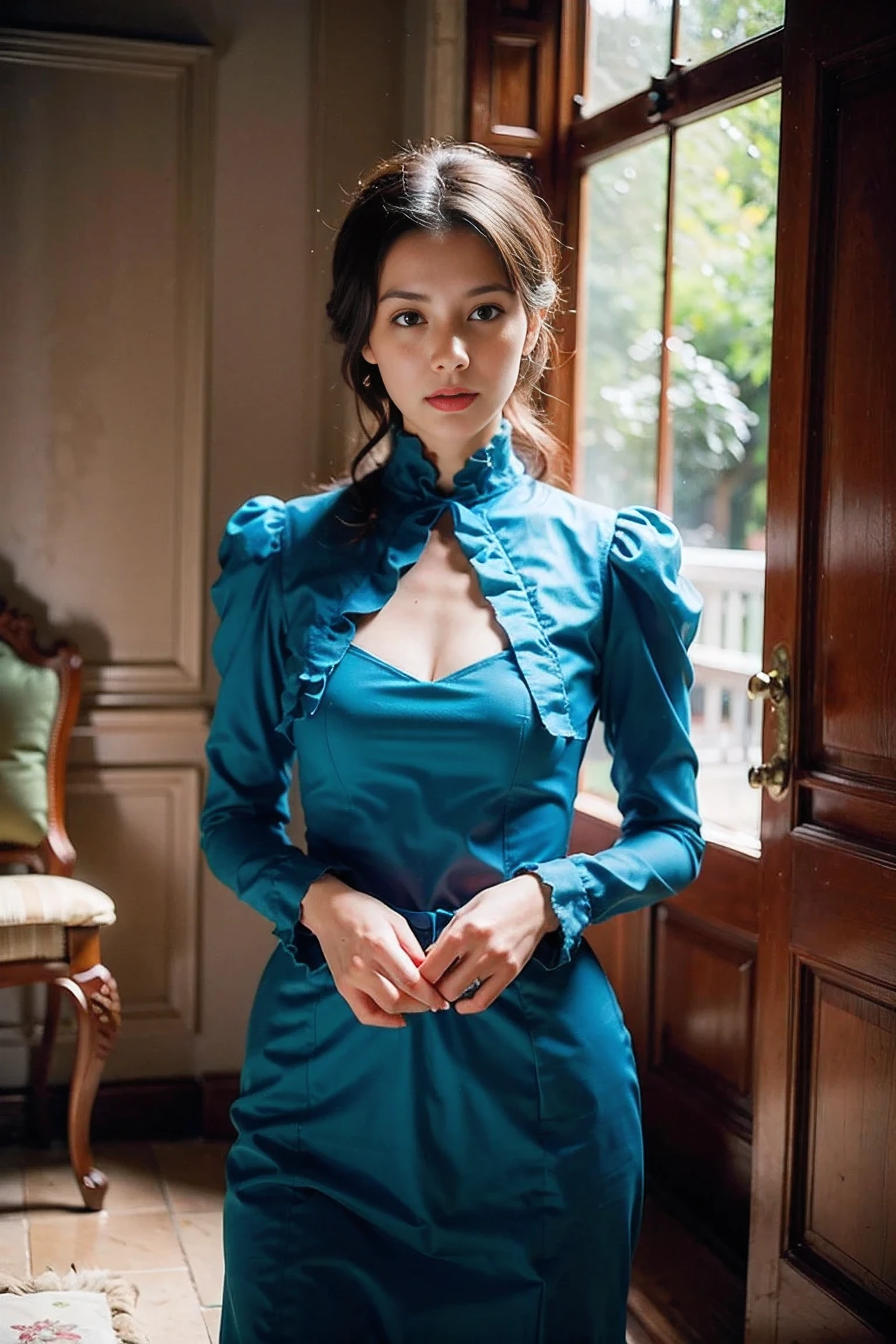 Realistic Photography, Beautiful Female (Modern Green Victorian Dress:1.2)