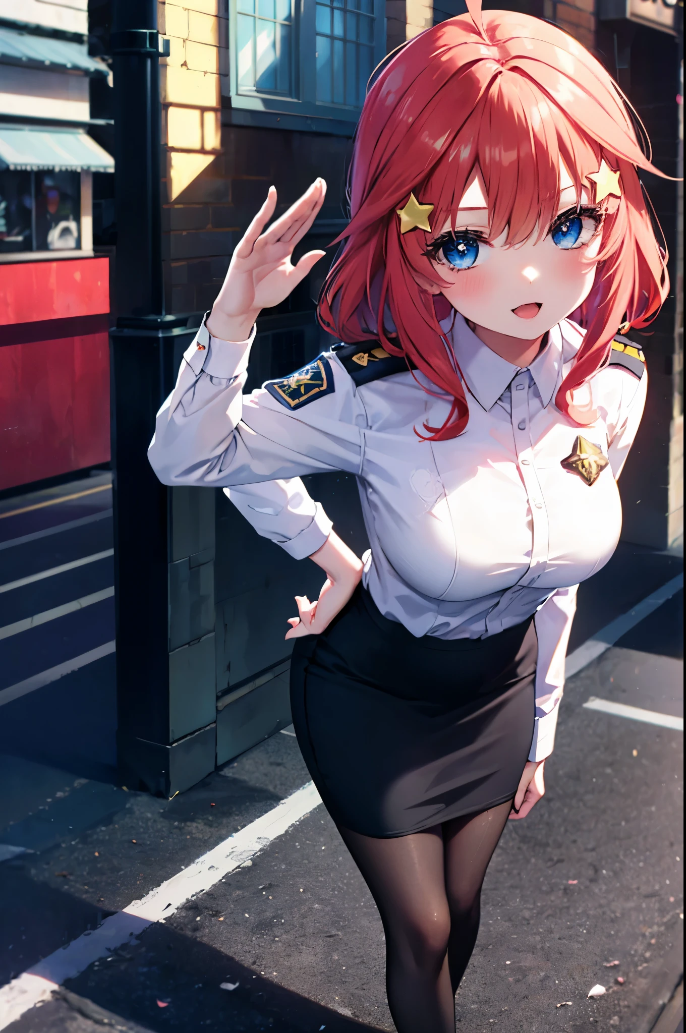 itsukinakano, Itsuki Nakano, bangs, blue eyes, hair between eyes, Ahoge, redhead, star \(symbol\), hair ornaments, star hair ornaments,
smile,blush,open your mouth,sexy police uniform,black pencil skirt,black pantyhose,stiletto heels,The girl salutes with her left hand,Place your right hand on your hip.,look up,morning,sun,
break outdoors, In town,building street,
break (masterpiece:1.2), highest quality, High resolution, unity 8k wallpaper, (figure:0.8), (detailed and beautiful eyes:1.6), highly detailed face, perfect lighting, Very detailed CG, (perfect hands, perfect anatomy),