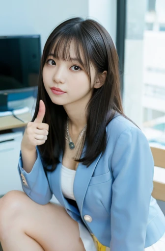 (8k, raw photo, best quality, masterpiece:1.2), (realistic, photo realistic:1.37),perfect ,
Japanese woman,black hair,27 years old,
(slender),
(small breasts),
nsfw,(pubic hair:1.5),(open_:1.0)cheerful, making a thumbs up, sitting, , looking at viewer, hair over one eye, curly hair,  (light blue business suit, white skirt:1.3),(light yellow),blouse(cleavage:1.0), necklace, in the office,  low angle shot