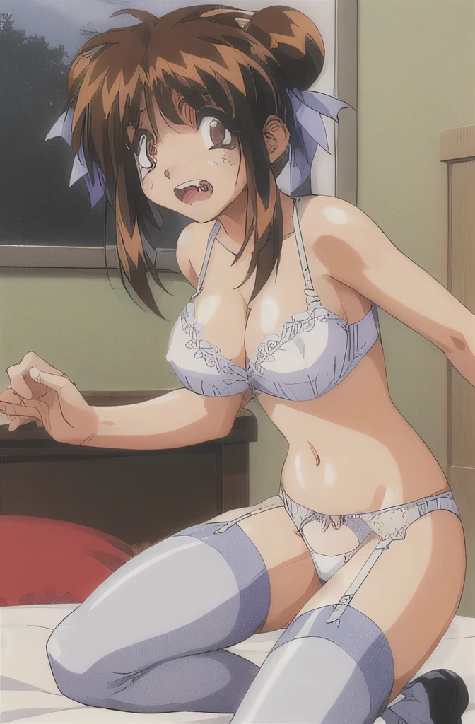 look, 1 girl, alone,bed, hair ribbon, In underwear,white ruffle bra,white panties, clock, garter strap, Thighhighs, teeth, closed one eye, open your mouth, 1990s (style), cleavage, 視聴者をlookいる, jump,whole body,, retro artstyle, troubled face,