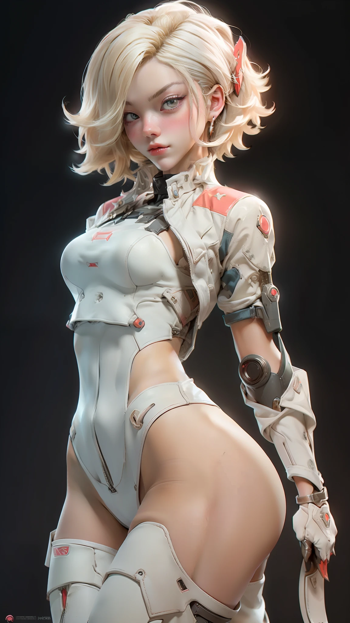 beautiful face woman、blonde、white background、 Beautiful woman、18-year-old、Beautiful woman、ultra-realistic photography、high resolution photos、Red Lipstick Andalorian Style Metal Armor Skirt Suit、Not much skin exposed、Don&#39;t cut your head off the screen、tartan check、there&#39;s pink there、facing the front