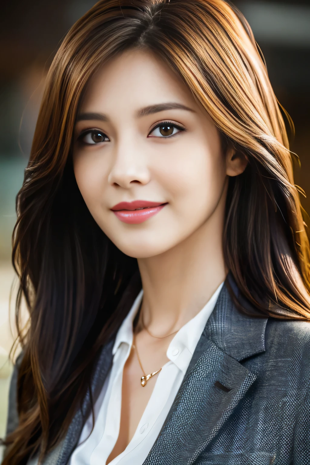 table top, highest quality, realistic, Super detailed, finely, High resolution, 8k wallpaper, 1 beautiful woman,, light brown messy hair, wearing a business suit, sharp focus, perfect dynamic composition, beautiful and detailed eyes, thin hair, Detailed realistic skin texture, smile, close-up portrait, model body shape