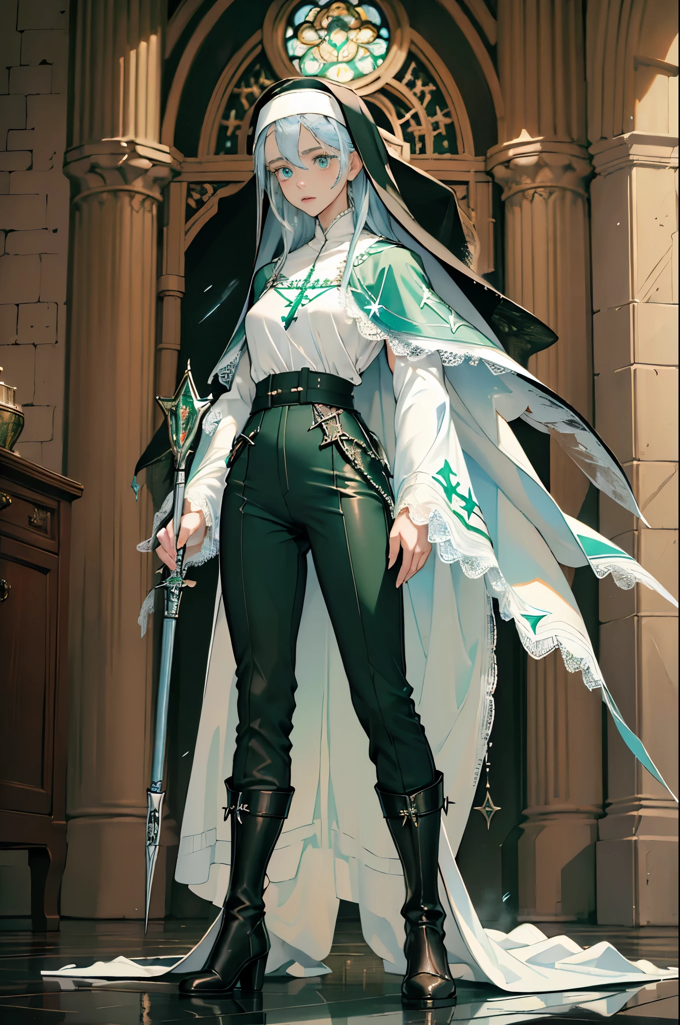 masterpiece, ultra detailed, 8k portrait, RAW photo, portrait photography, Highly detailed face, beautiful and meticulous eyes, ((Fantasy)), Young beautiful, (((Nun))), (((((standing))))), ((light blue long thin hair)), ahoge, forehead, Gentle face, White skin, (((green and white puffy sleeve lace priest robes))), ((brown cape)) Fluttering in the wind, (((lowleg kneel length pants))), Leather boots, ((((equip a magic wand)))), Midday Sun, Hyper realistic, Body model, Small breasts, Beautiful breasts, Long legs, in the medieval adventurer's guild, Ambient lighting, Shadow details, Camera focus on face, strong breeze, Light fog