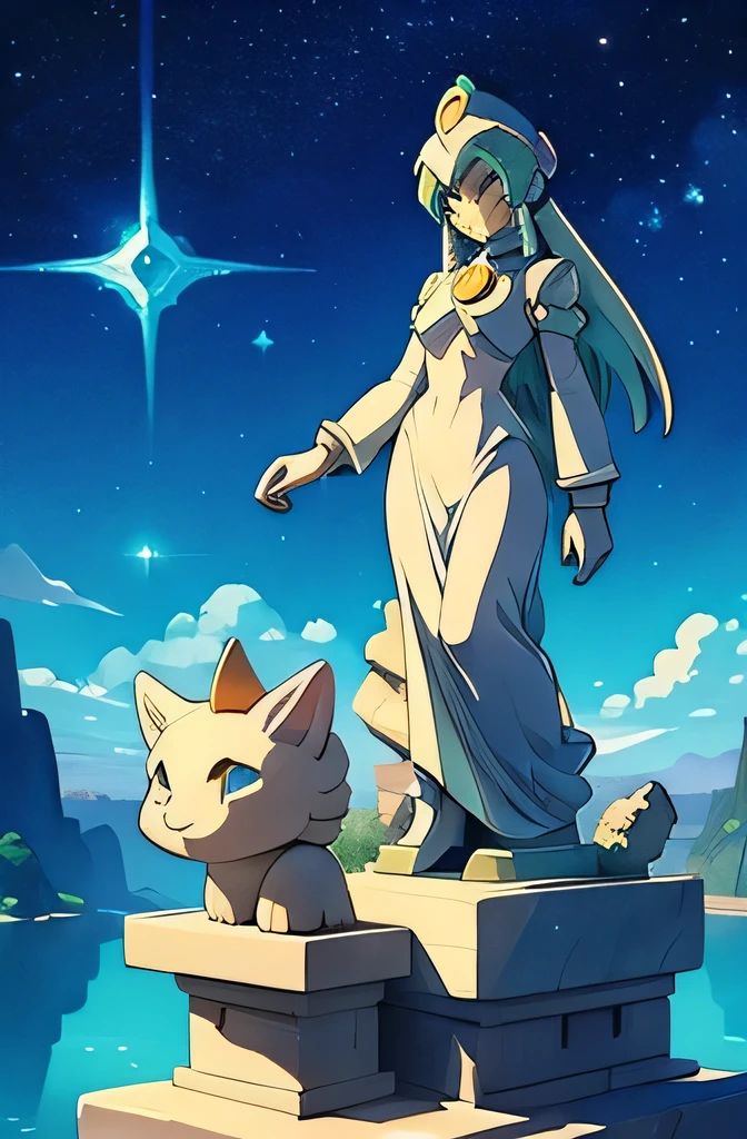 watercolor, retro anime, urantia, long lost civilization statues, (stone statues with animal faces made out of stone), (thick lineart), background, scenario, mega_man_zx