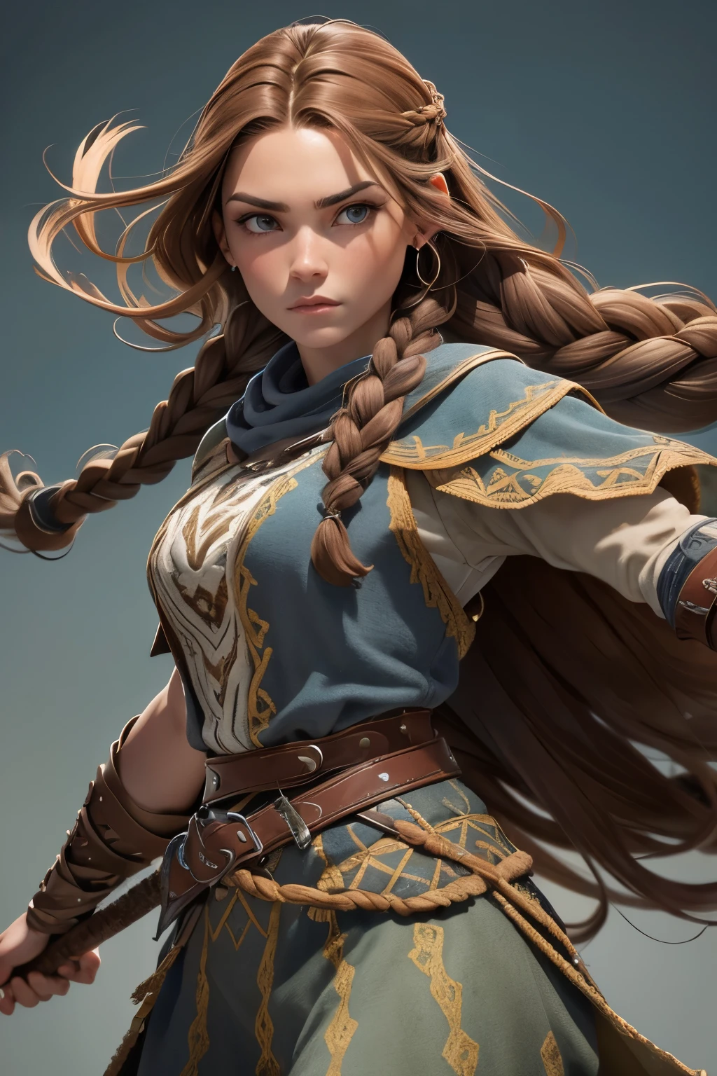 (Obra maestra, La mejor calidad) (young warrior woman of nordic descent), (ojos verdeuscular), (falda de piel), (brown hair color),(loose hair with small braids on the scalp), (top con correa de cuero) plumas, capa sobre el hombro, bufas, (azul, gray and brown suit), sword fighting position.