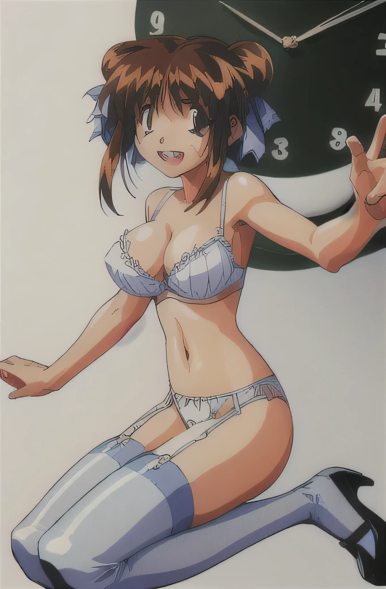 look, 1 girl, alone, hair ribbon, In underwear,white ruffle bra,white panties, clock, garter strap, Thighhighs, teeth, closed one eye, open your mouth, 1990s (style), cleavage, 視聴者をlookいる, jump,whole body,, retro artstyle, 