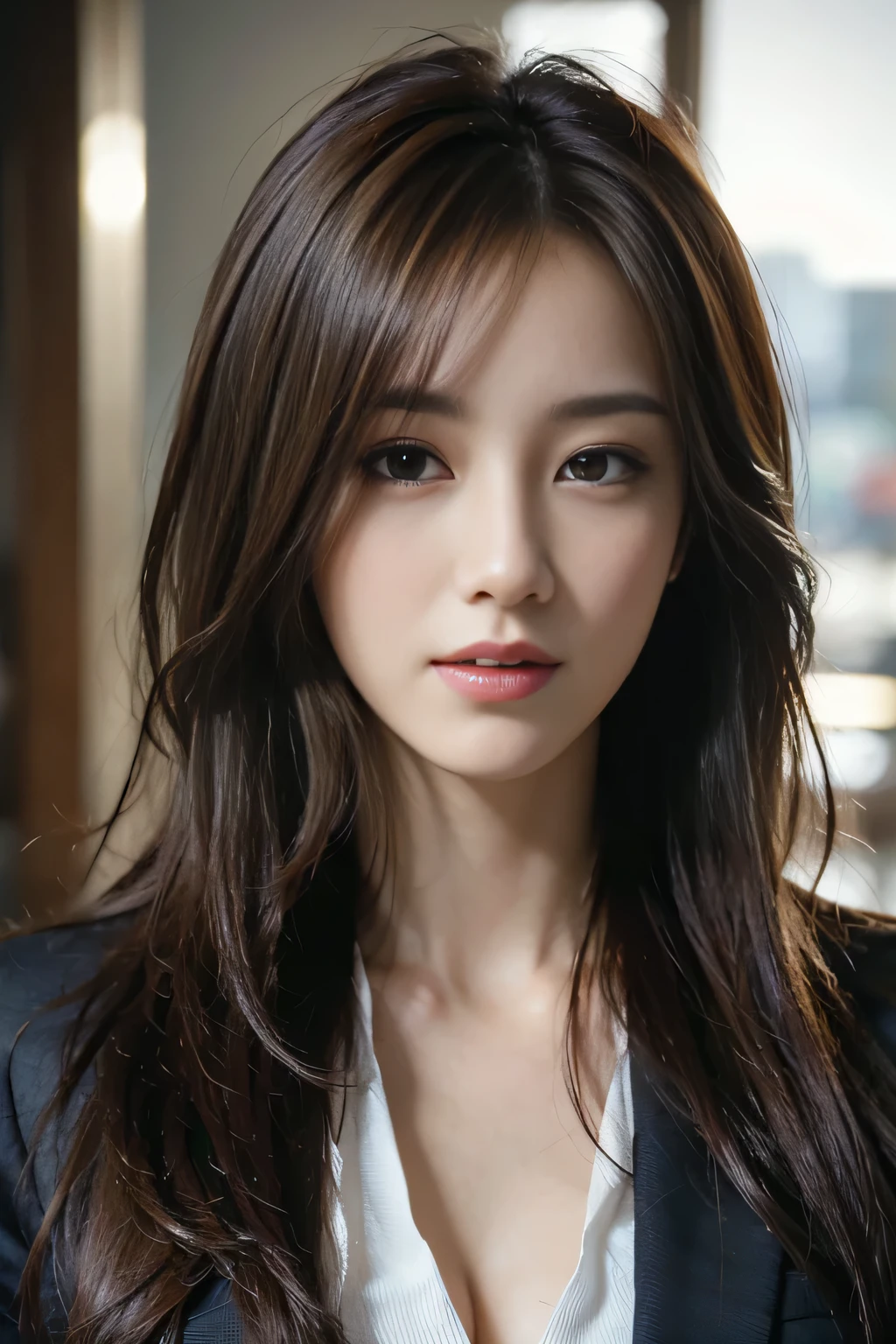 table top, highest quality, realistic, Super detailed, finely, High resolution, 8k wallpaper, 1 beautiful woman,, light brown messy hair, wearing a business suit, sharp focus, perfect dynamic composition, beautiful and detailed eyes, thin hair, Detailed realistic skin texture, smile, close-up portrait, model body shape