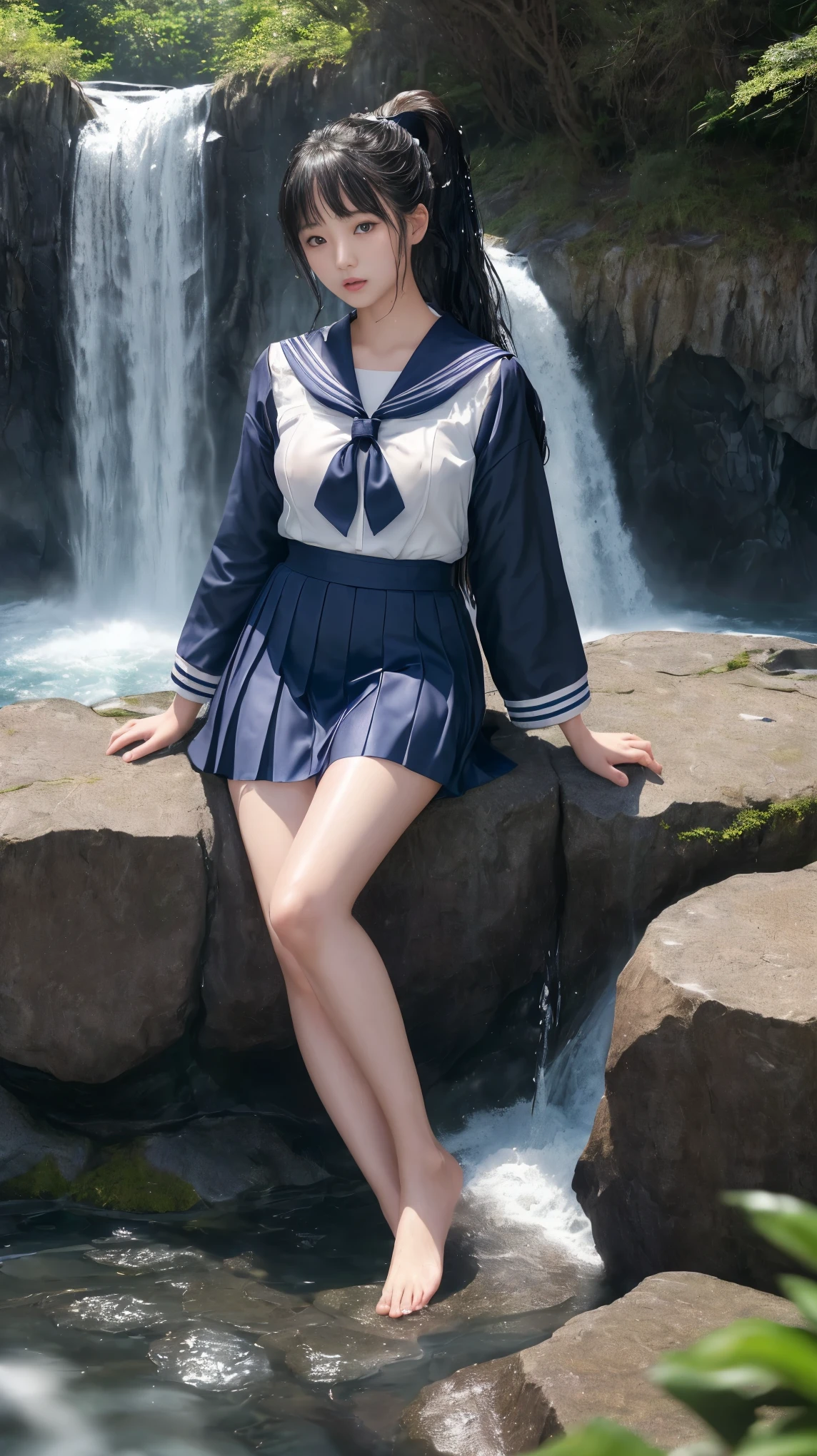 最high quality、high quality、best image quality、8k、最High resolution、High resolution、最high quality、masterpiece、RAW photo、whole body写真、Realistic human body in every detail、Realistic skin in every detail、Realistic face in every detail、Realistic eyes down to the details、Realistic lips in every detail、Realistic teeth in every detail、Realistic ears down to the last detail、Realistic hair down to the last detail、Realistic arms down to the last detail、Realistic reproduction of every detail、Realistic fingers in every detail、(fine hands、thumb1reference4)、Realistic feet in every detail、Realistic feet in every detail、Realistic breasts down to the last detail、((beautiful japanese girl))、(japanese model), (japanese woman)、((18 year old beautiful girl))、(black hair)、(straight hair)、(ponytail)、((whole body))、((beautiful upturned chest))、(stylish slim style)、(whole body光沢肌、Fair skin)、Detailed and realistic human body、detailed realistic skin、detailed realistic face、detailed realistic arms、detailed realistic fingers、Detailed realistic feet、detailed realistic breasts、クロップトップsailor suit(Summer use)、クロップトップsailor suit(Winter use)、Sailor Mini Skirt、japanese school uniform、soft natural light、jungle with waterfall、waterfalls of different heights、big waterfall、waterfall with force of water、((Sit on a rock in front of the waterfall(背景にbig waterfallが見える))、((濡れて透けてしまうクロップトップsailor suit:1.5))、((bathe in waterfall water(Soaked skin from head to toe:1.3))、((Water dripping from the skin:1.3))、((sailor suitが濡れて肌に張り付く:1.5))、((sailor suitの上からでも乳首の形がはっきりわかります:1.3))、((sailor suit、Water dripping from sailor skirt:1.5))、angle from below