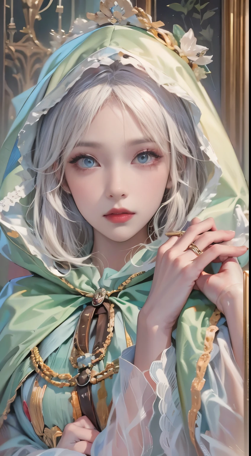 Photorealistic, A high resolution, 1 woman, One, hips up,(Lolita costume)， Beautiful eyes, White hair, eyes with rings, (Yuki，cloak，)