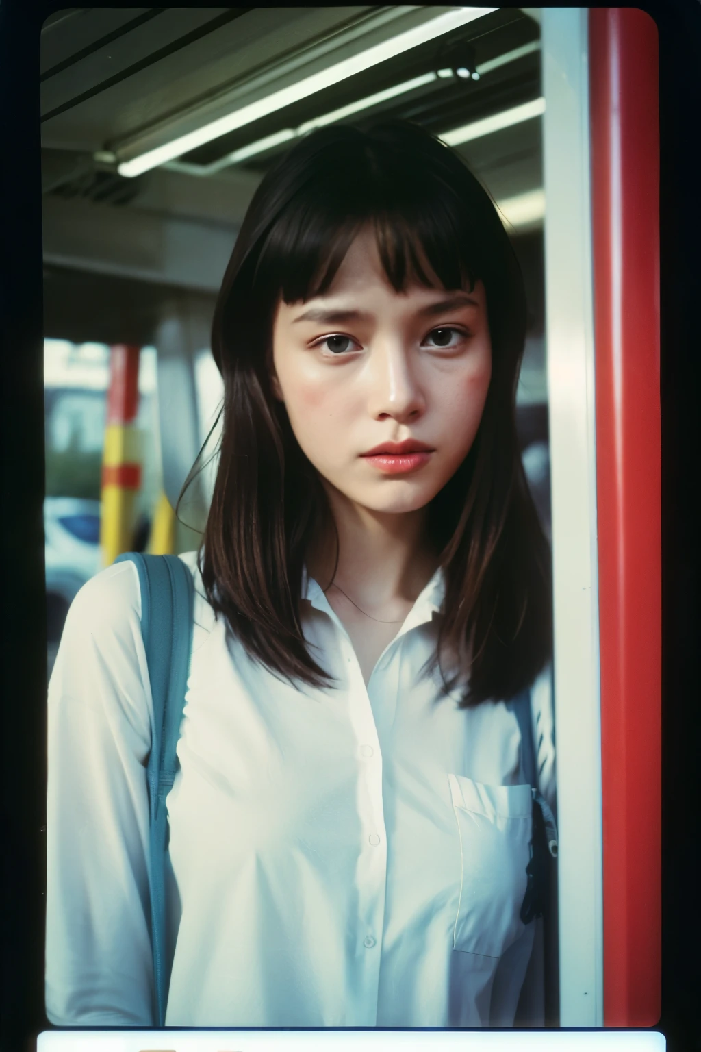photo of beautiful woman inside gas station, posted on snapchat, Polaroid photography by Tarkovsky style, selfie