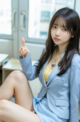 (8k, raw photo, best quality, masterpiece:1.2), (realistic, photo realistic:1.37),perfect anatomy,
Japanese woman,black hair,27 years old,
(slender),
(small breasts),
nsfw,(pubic hair:1.5),(open_pussy:1.0)cheerful, making a thumbs up, (sitting, legs spread:1.3), looking at viewer, hair over one eye, curly hair, (light blue business suit, white skirt:1.3),(light yellow),blouse(cleavage:1.0), necklace, in the office, low angle shot