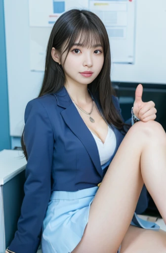 (8k, raw photo, best quality, masterpiece:1.2), (realistic, photo realistic:1.37),perfect anatomy,
Japanese woman,black hair,27 years old,
(slender),
(small breasts),
nsfw,(pubic hair:1.5),(open_pussy:1.0)cheerful, making a thumbs up, (sitting, legs spread:1.3), looking at viewer, hair over one eye, curly hair,  (light blue business suit, white skirt:1.3),(light yellow),blouse(cleavage:1.0), necklace, in the office,  low angle shot