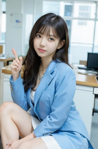 (8k, raw photo, best quality, masterpiece:1.2), (realistic, photo realistic:1.37),perfect anatomy,
Japanese woman,black hair,27 years old,
(slender),
(small breasts),
nsfw,(pubic hair:1.5),(open_pussy:1.0)cheerful, making a thumbs up, (sitting, legs spread:1.3), looking at viewer, hair over one eye, curly hair, (light blue business suit, white skirt:1.3),(light yellow),blouse(cleavage:1.0), necklace, in the office, low angle shot