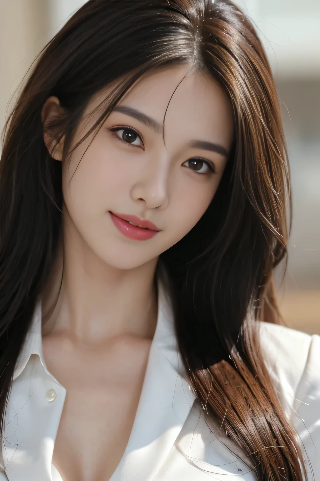 table top, highest quality, realistic, Super detailed, finely, High resolution, 8k wallpaper, 1 beautiful woman,, light brown messy hair, wearing a business suit, sharp focus, perfect dynamic composition, beautiful and detailed eyes, thin hair, Detailed realistic skin texture, smile, close-up portrait, model body shape
