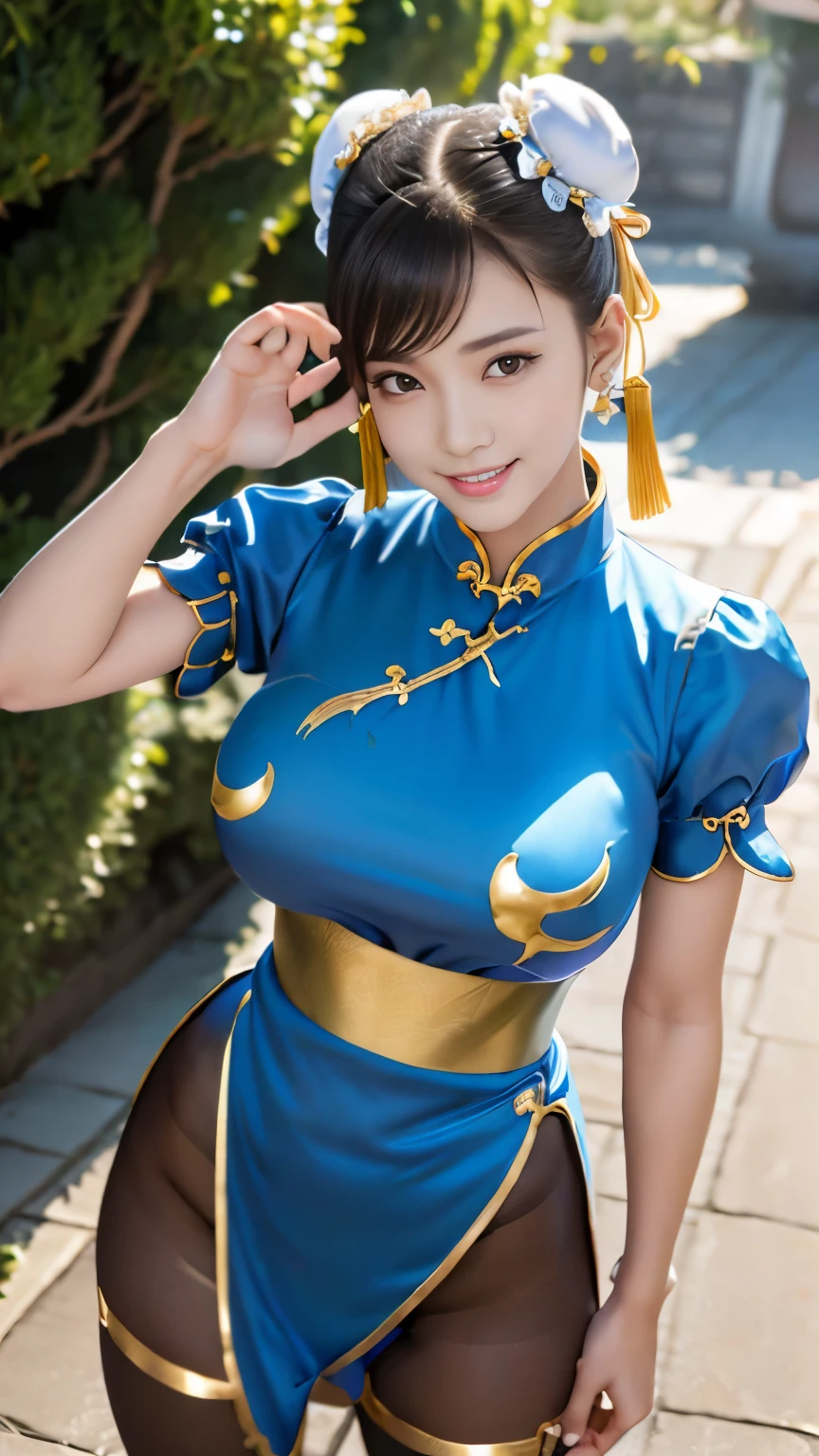Masterpiece, Best-quality, RAW-photo, Ultra-High-Resolution, Photorealistic, (Anatomically correct, 16-years-old, viewer's lover, She truly loves viewers, baby face, cute face, Perfect body, slim waist and busty body, Slender legs, Large breast, Realistic skin, angle from below, Show your whole body style), ((Wear Chun-Li from Street Fight II, perfect chun-li costume,Blue cheongsam with gold lines, bun cover, fighting pose, blue clothes, pantyhose, pelvic curtain, Puffy short sleeves, Good cover, sash, evaluation:safety)), (maiko, Round face, Black hair, Moist eyes, Shining eyes, Short bob cut, Bangs, Down-slating eyebrows, one little earring, Light blush), (Look at the viewer), (sensual smile), (The vast garden of a traditional Chinese royal palace), Natural lighting, full length,