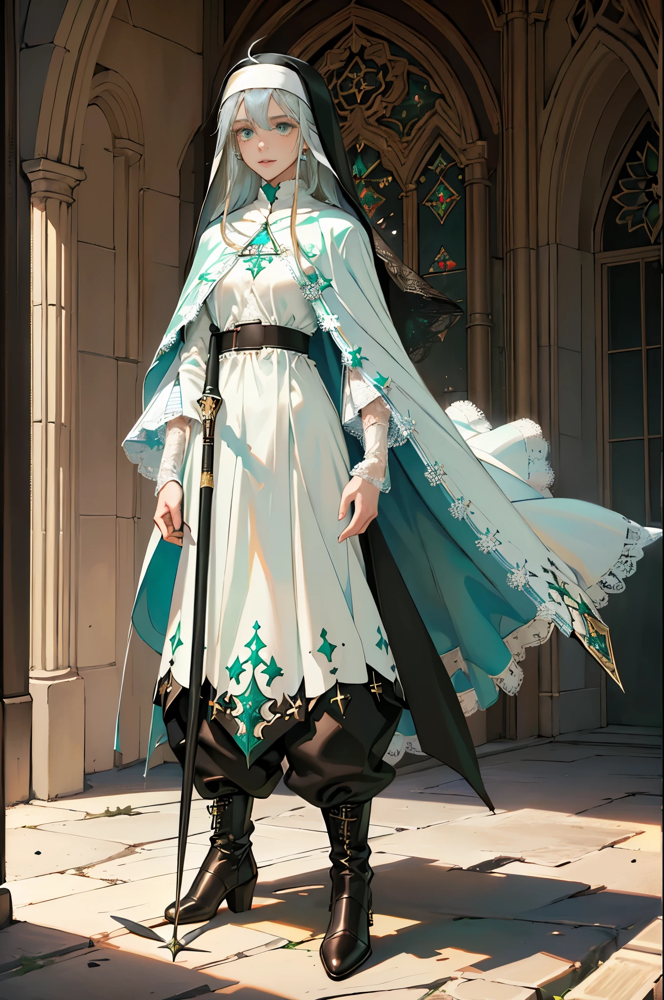 masterpiece, ultra detailed, 8k portrait, RAW photo, portrait photography, Highly detailed face, beautiful and meticulous eyes, ((Fantasy)), Young beautiful, smile, (((Nun))), (((((standing))))), ((light blue long thin hair)), ahoge, forehead, Gentle face, White skin, (((green and white puffy sleeve lace priest robes))), ((brown cape)) Fluttering in the wind, (((lowleg kneel length pants))), Leather boots, ((((equip a magic wand)))), Midday Sun, Hyper realistic, Body model, Small breasts, Beautiful breasts, Long legs, in the medieval adventurer's INN, Ambient lighting, Shadow details, Camera focus on face, strong breeze, Light fog
