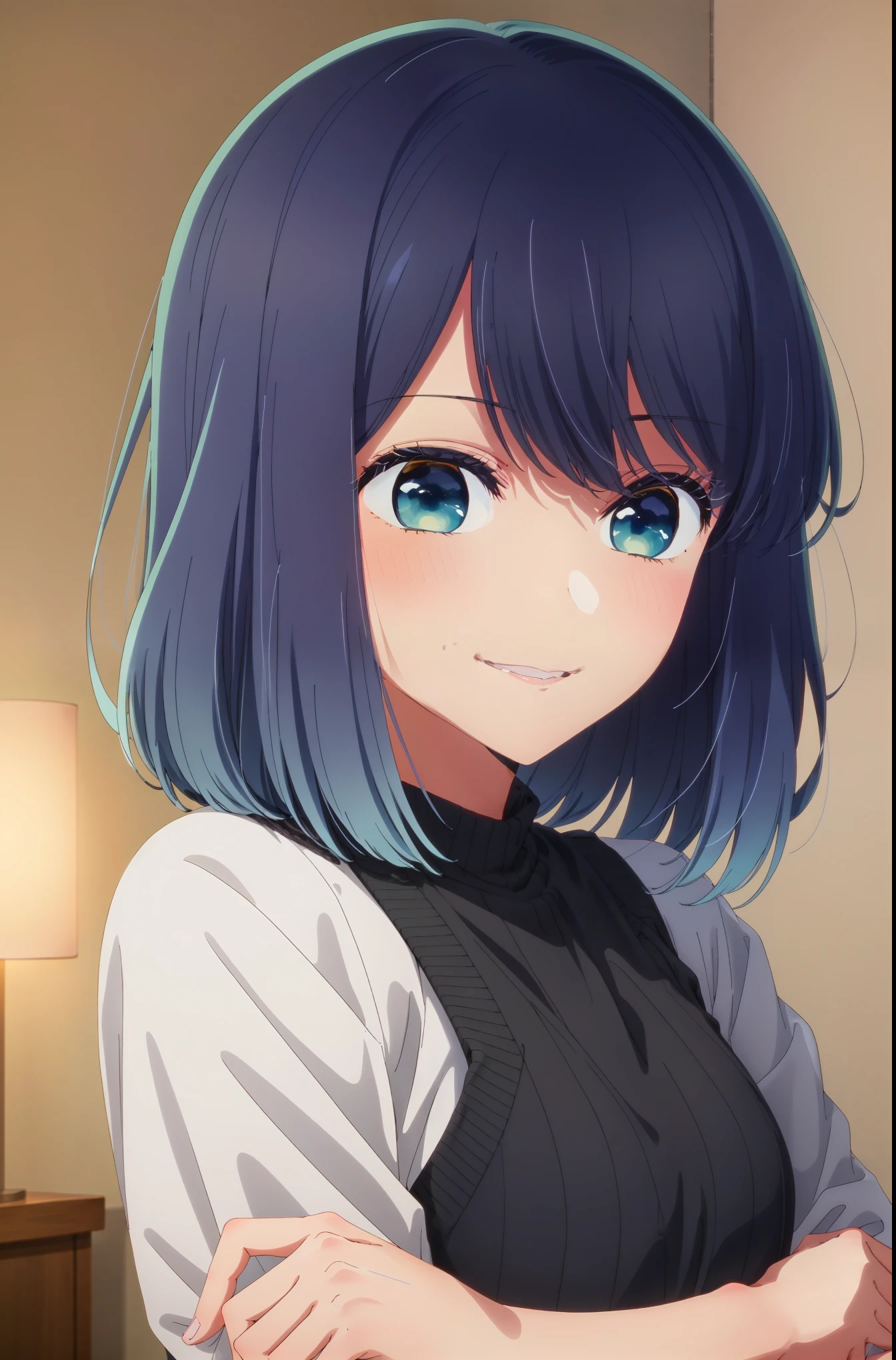 master piece, best quality, 8k, ultra high resolution, highest quality, anime style, best writing, beautiful face,beautiful lighting, 1 girl, alone, Akane, green eyes, blue eyes, multi-colored hair, white shirt, black knit, best smile, make, pink lipstick, inside the room, Anime girl with blue hair and black dress poses for the camera, cute girl anime visual, Smooth anime CG art, anime moe art style, anime girl portrait, anime best girls, beautiful anime portrait, portrait anime girl, かわいいanime girl portrait, Anime visual of a young woman, Detailed portrait of anime girl, cute realistic portrait, cute anime girl portrait