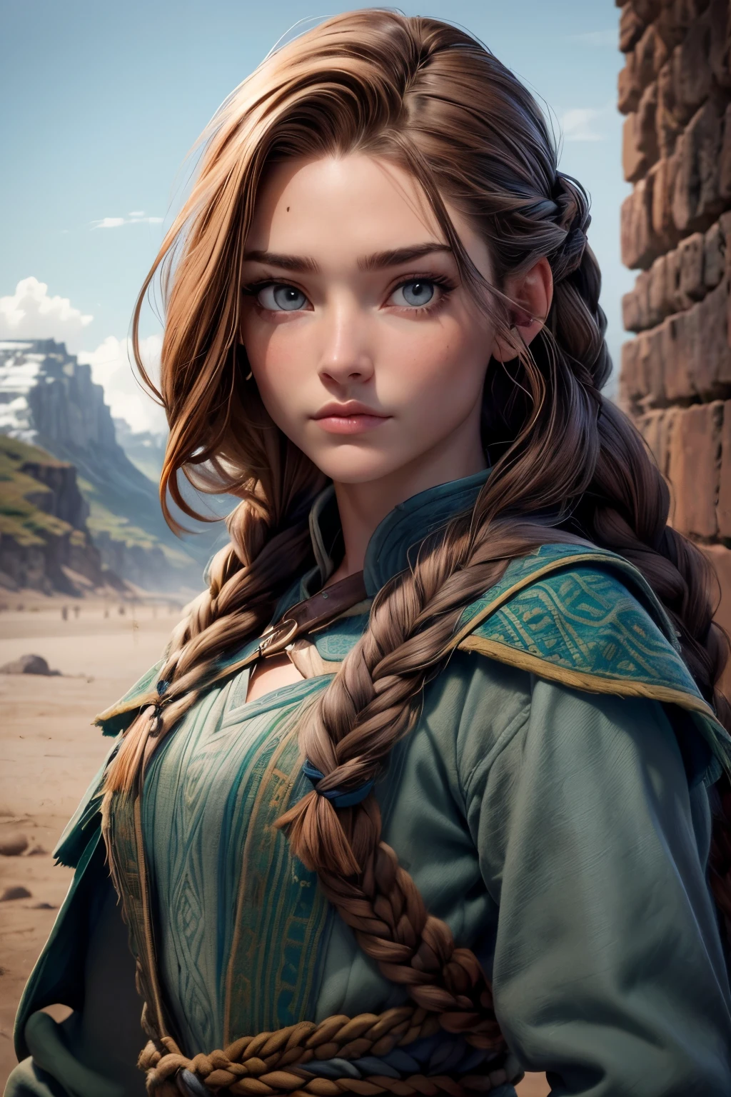 (Obra maestra, La mejor calidad) (young warrior woman of nordic descent), (ojos verdeuscular), (falda de piel), (brown hair color),(loose hair with small braids on the scalp), (top con correa de cuero) plumas, capa sobre el hombro, bufas, (azul, gray and brown suit).