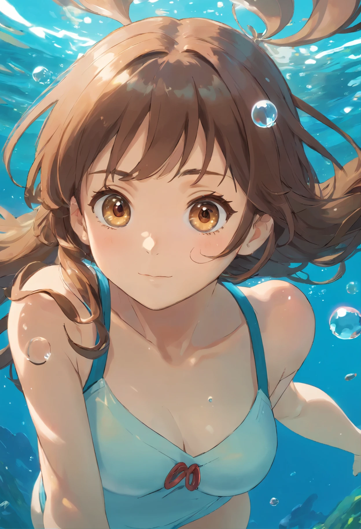 foreshortening, depth of field, masterpiece, best quality, 1girl, brown hair, brown eyes, long hair, underwater, air bubble, solo, looking at viewer, school swimsuit, swimming, dappled sunlight,