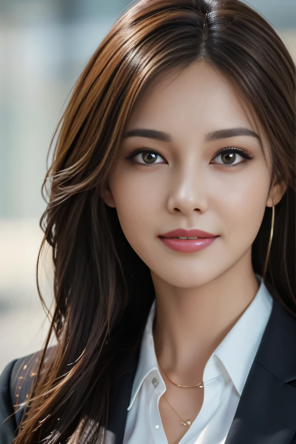 table top, highest quality, realistic, Super detailed, finely, High resolution, 8k wallpaper, 1 beautiful woman,, light brown messy hair, wearing a business suit, sharp focus, perfect dynamic composition, beautiful and detailed eyes, thin hair, Detailed realistic skin texture, smile, close-up portrait, model body shape