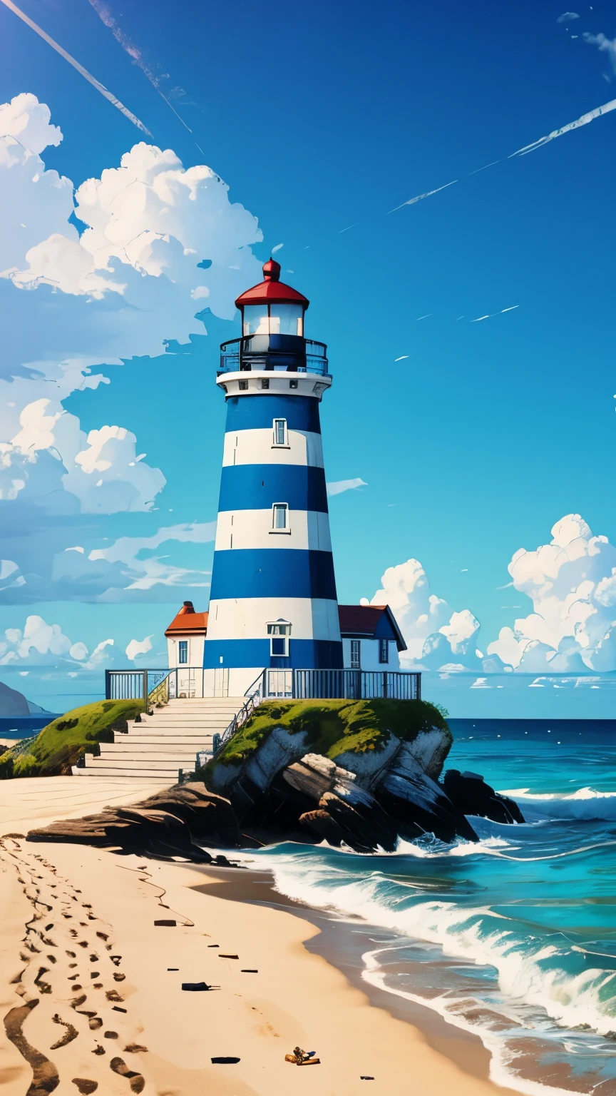 Lighthouse with blue and white stripes, on the beach,