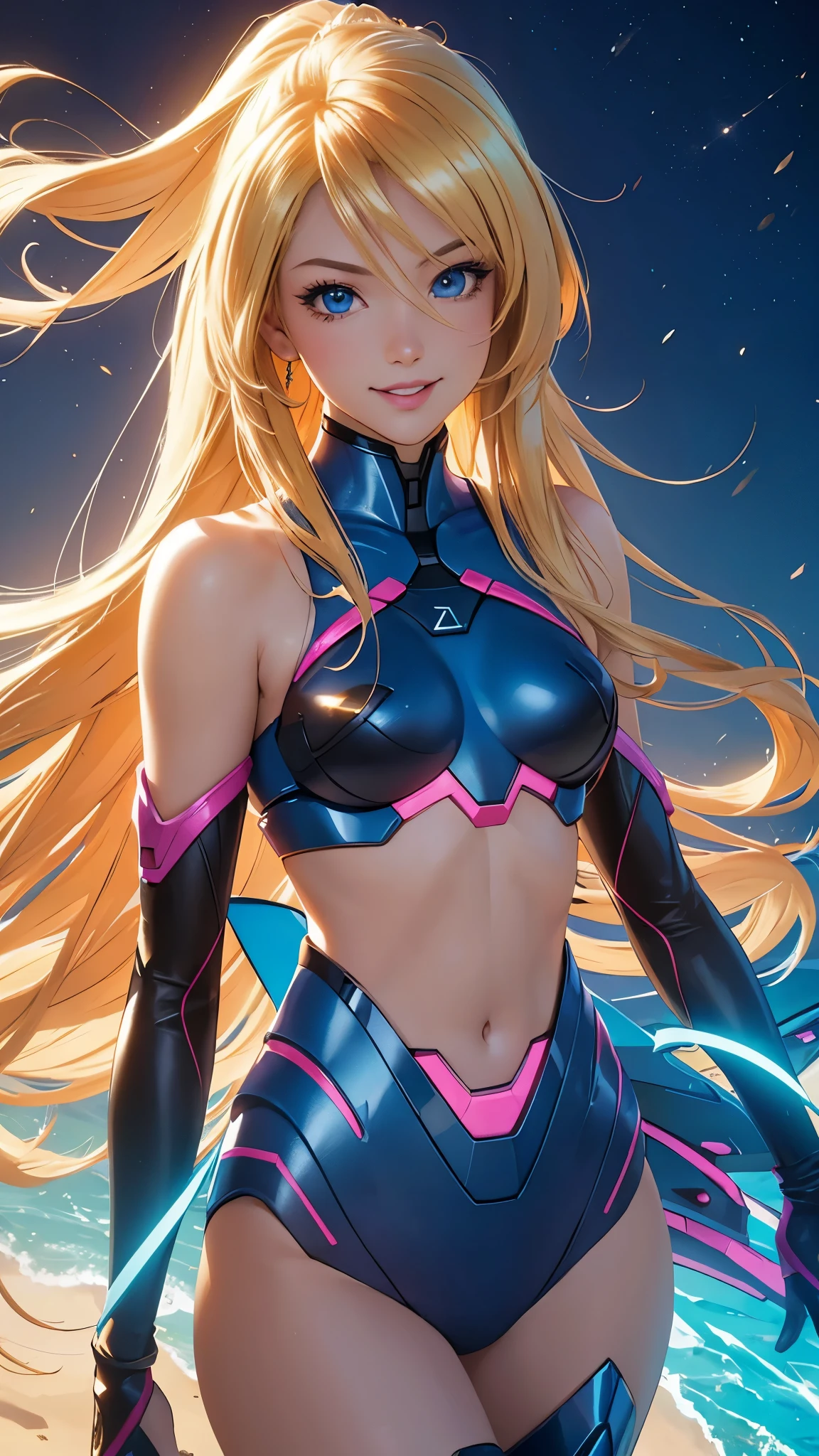 (best quality,ultra-detailed,photo-realistic:1.37),bright and vibrant colors,studio lighting,playful expression,stylish makeup,long blonde hair flowing in the wind,alluring eyes,glossy lips,sexy pose, Reploid, Cyberspace, Megaman X, Zero, smiling in a confident and seductive way,posing for a professional photoshoot,shallow depth of field,highlighting the main subject,soft natural lighting,creating a dreamy and magical atmosphere.