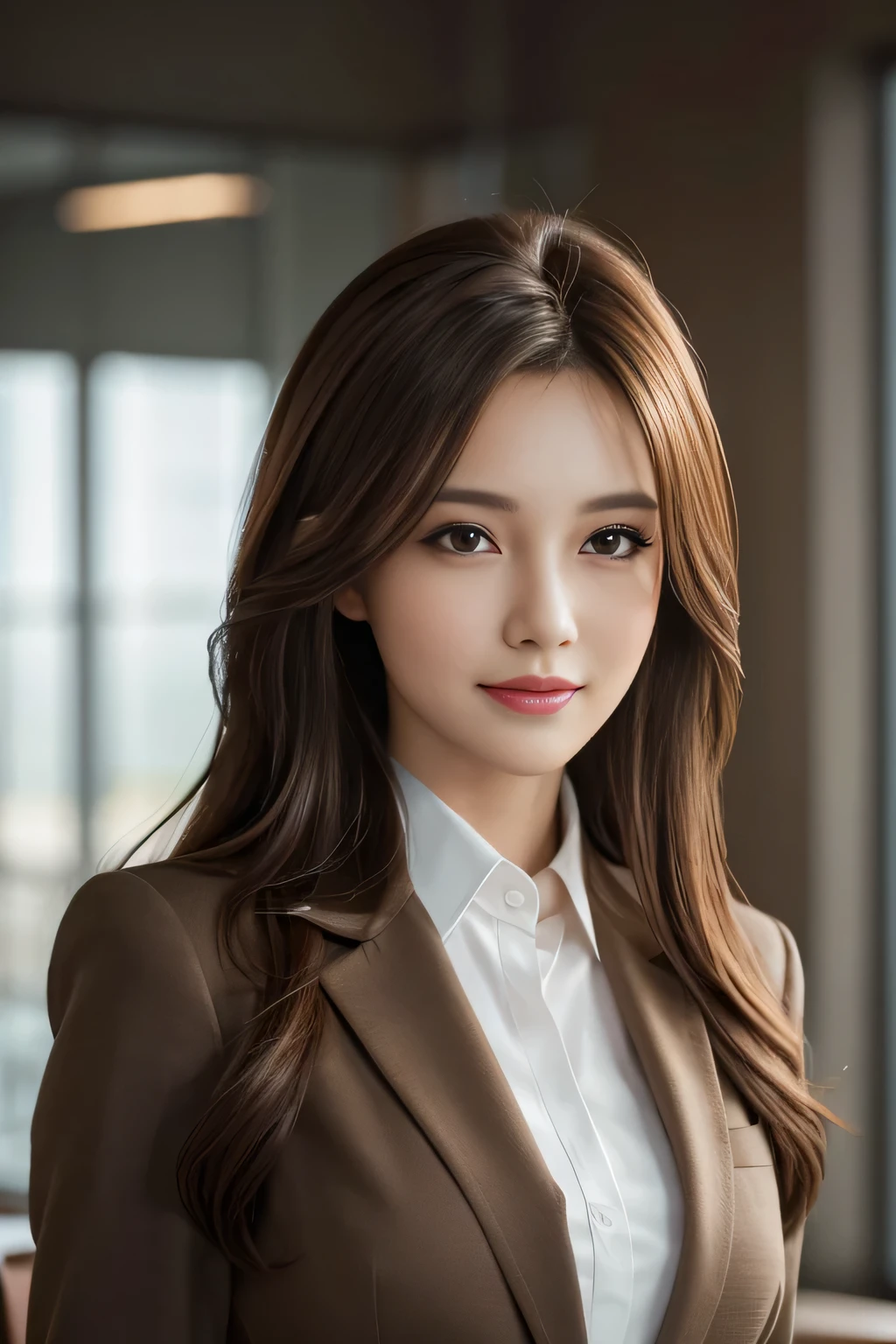 table top, highest quality, realistic, Super detailed, finely, High resolution, 8k wallpaper, 1 beautiful woman,, light brown messy hair, wearing a business suit, sharp focus, perfect dynamic composition, beautiful and detailed eyes, thin hair, Detailed realistic skin texture, smile, close-up portrait, model body shape