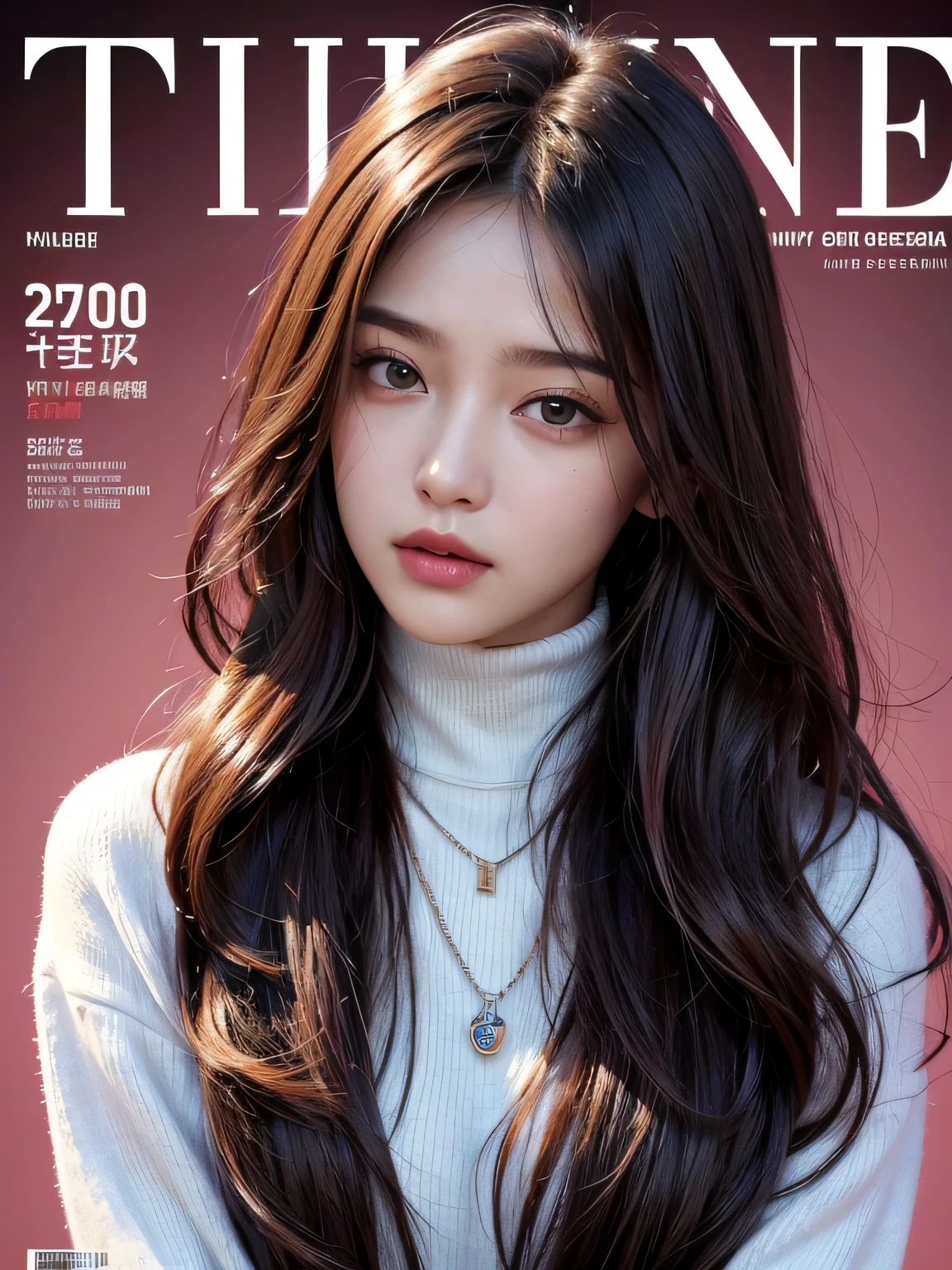8k, High resolution, high quality, RAW photo, magazine cover, stylish, hisense, fashion, (long wavy hair, colorful hair, necklace, turtleneck),