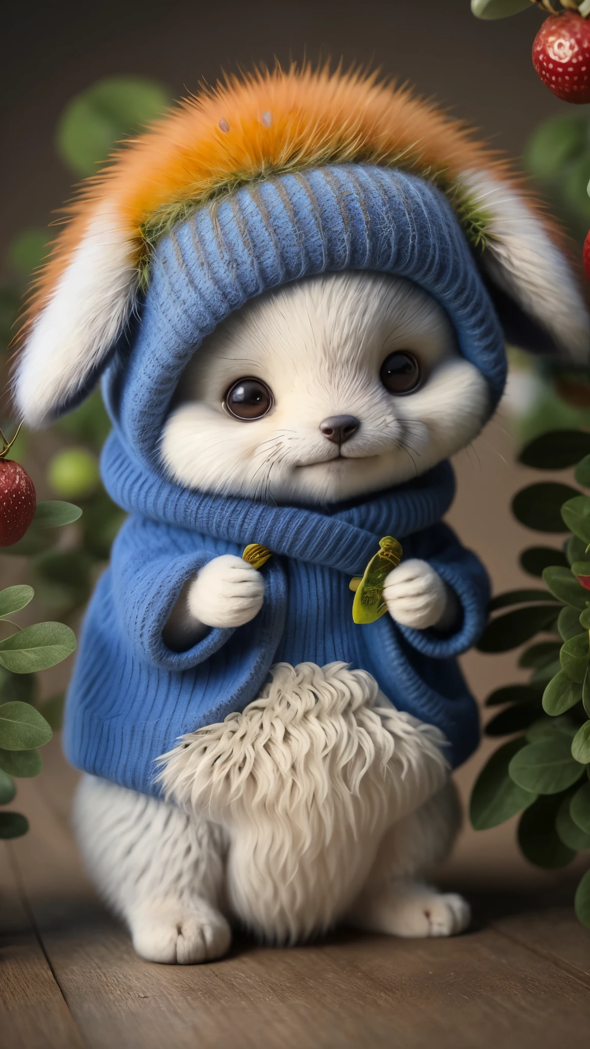 (Masterpiece, Award-winning, Best quality, high resolution) 3D illustration, 1 furry fox, wearing an outfit, lying on a bed of juicy and ripe fruits, surrounded by a colorful fruit garden.
