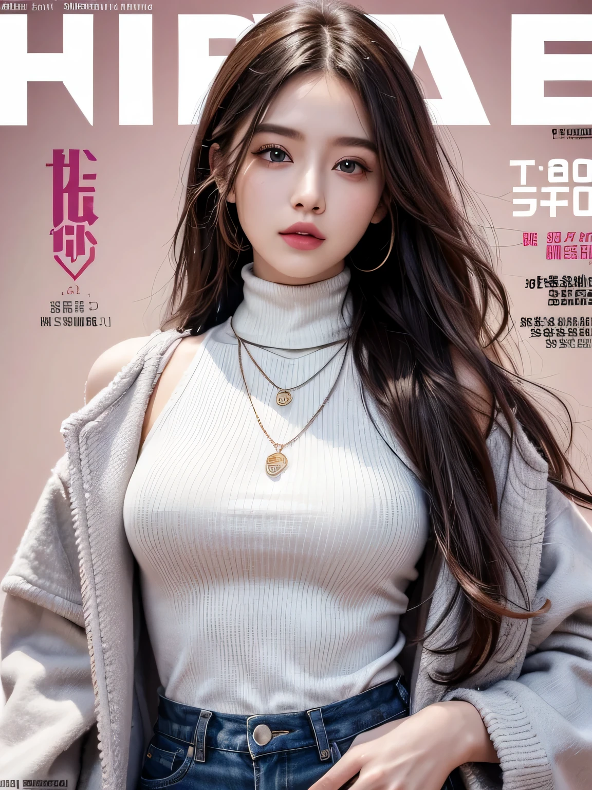 8k, High resolution, high quality, RAW photo, magazine cover, stylish, hisense, fashion, (long wavy hair, colorful hair, necklace, spring clothes, turtleneck),