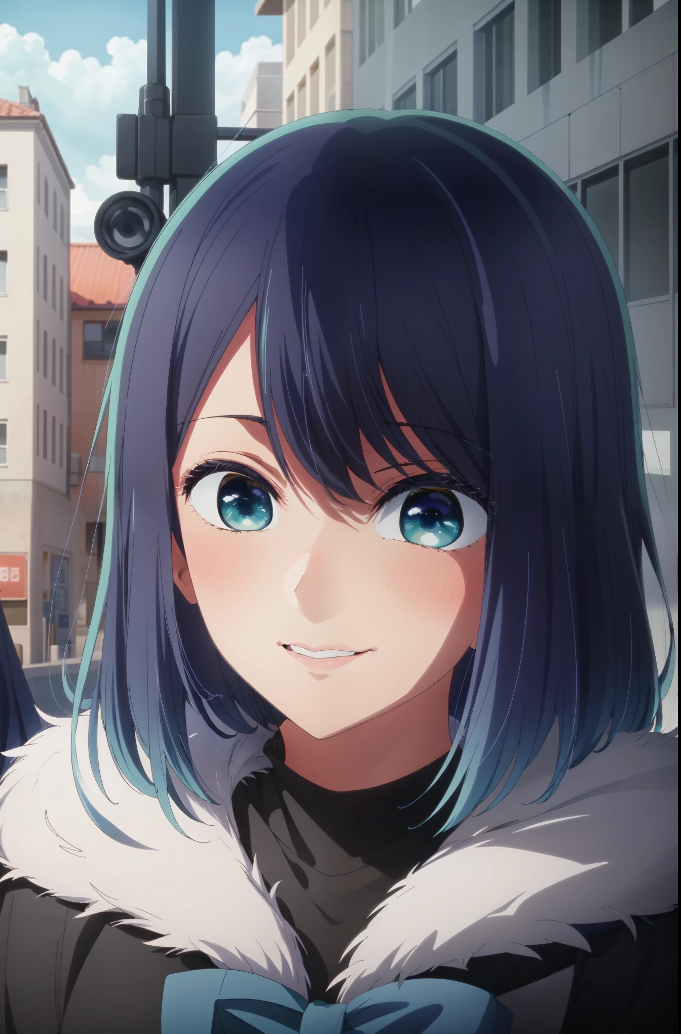 master piece, best quality, 8k, ultra high resolution, highest quality, anime style, best writing, beautiful face,beautiful lighting, 1 girl, alone, Akane, green eyes, blue eyes, multi-colored hair, Black fur coat, best smile, make, pink lipstick, In town, morning, cute girl anime visual, Smooth anime CG art, Close up of young anime girl, cute realistic portrait, anime style. 8k, Realistic anime 3d style, Anime visual of a young woman, teal hair anime girl, hanayamata, stylized anime, anime best girls