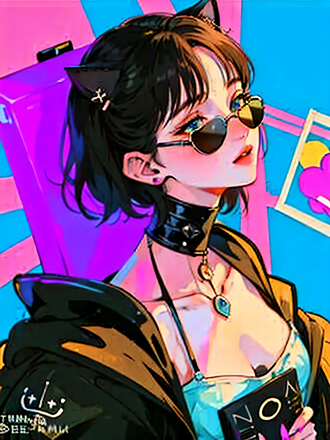 (Potrat:1.4), (tmasterpiece:1.2, top-quality:1.2), from the above, Upper part of the body, 1 girl in, look up to, surface focus, The facial details are particularly rich, extremely detailed eye, goodlooking, cosmetics, Putting finger on lip, sun glasses, Fashion clothing, ear nipple ring,comic strip、catss