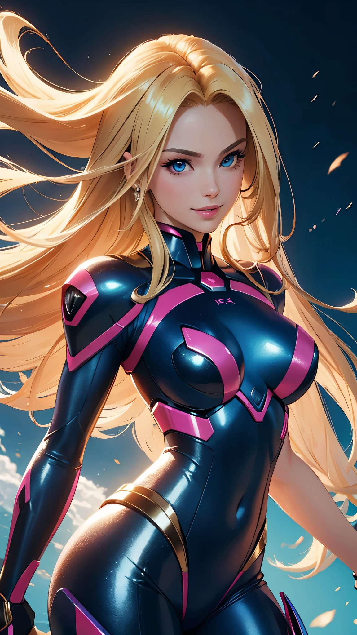 (best quality,ultra-detailed,photo-realistic:1.37),bright and vibrant colors,studio lighting,playful expression,stylish makeup,long blonde hair flowing in the wind,alluring eyes,glossy lips,sexy pose, Reploid, Cyberspace, Megaman X, Zero, smiling in a confident and seductive way,posing for a professional photoshoot,shallow depth of field,highlighting the main subject,soft natural lighting,creating a dreamy and magical atmosphere.