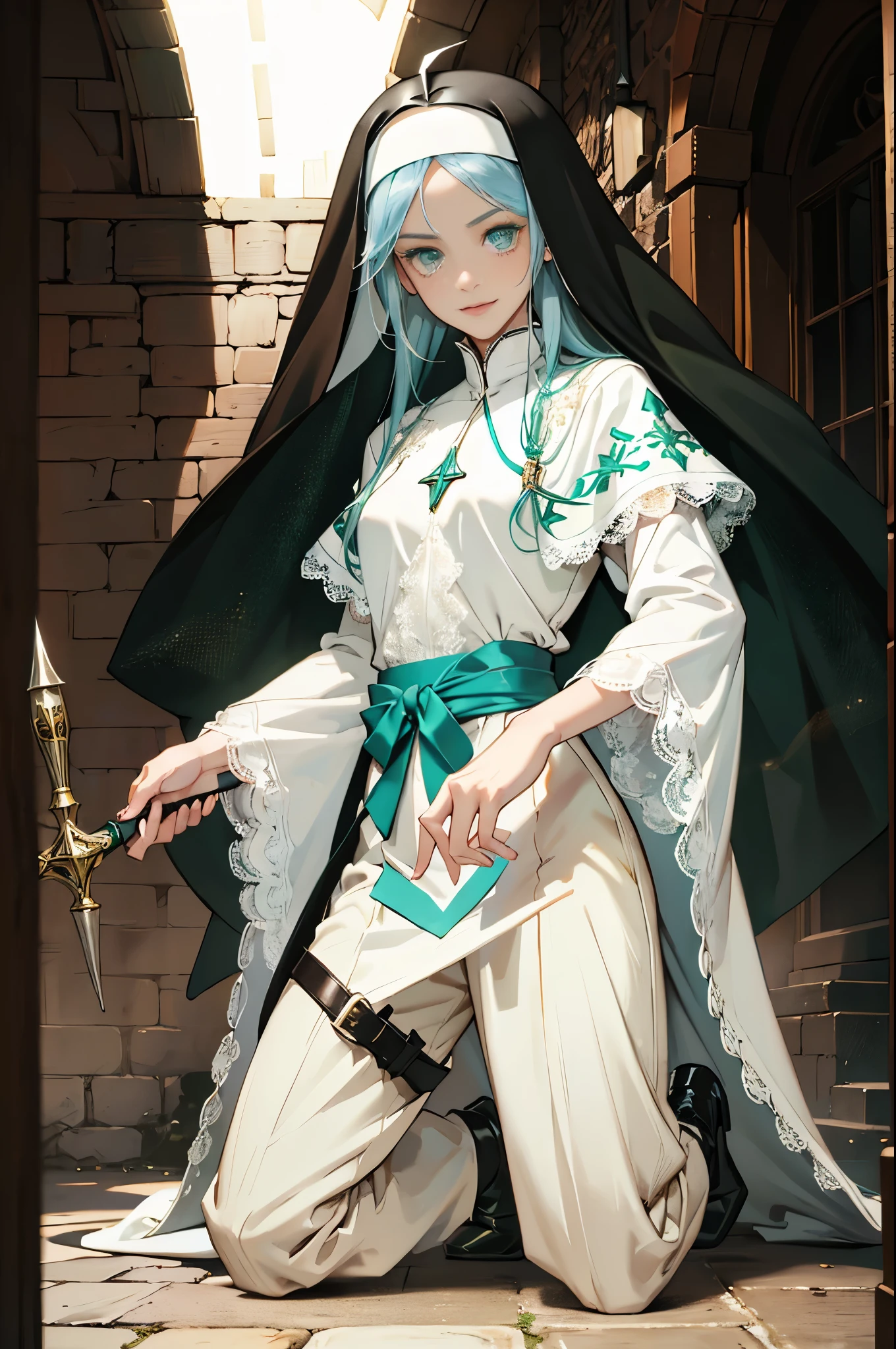 masterpiece, ultra detailed, 8k portrait, RAW photo, portrait photography, Highly detailed face, beautiful and meticulous eyes, ((Fantasy)), Young beautiful, smile, (((Nun))), (((((dynamic pose))))), ((light blue long thin hair)), ahoge, forehead, Gentle face, White skin, (((green and white puffy sleeve lace priest robes))), ((brown cape)) Fluttering in the wind, (((lowleg kneel length pants))), Leather boots, ((((equip a magic wand)))), Midday Sun, Hyper realistic, Body model, Small breasts, Beautiful breasts, Long legs, in the medieval adventurer's INN, Ambient lighting, Shadow details, Camera focus on face, strong breeze, Light fog