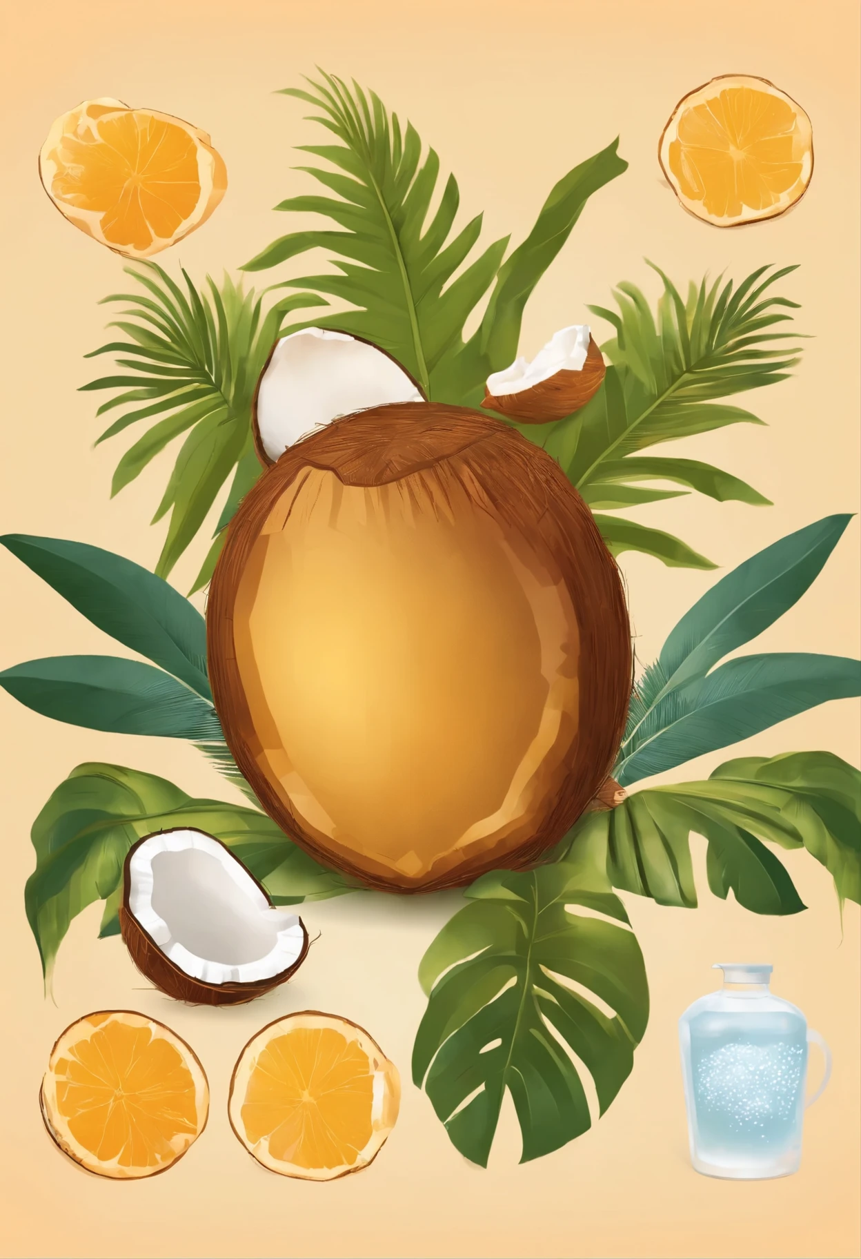 Crea un cartel utilizando lo siguiente 

1. Use images of the coconut in different ways, como entero, rallado, en forma de aceite, leche o agua de coco, para mostrar su versatilidad.

2. Divide el cartel en secciones para cada propiedad y beneficio del coco, and use images related to each section.

3. Utiliza iconos o ilustraciones simples para representar cada propiedad, like a heart for impact on heart health, a brain for brain function, a glass of water for hydration, etc.