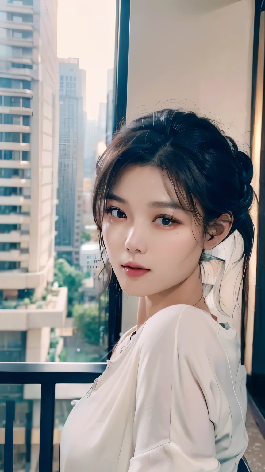 Picture of a Korean woman with her hair in a bun with a pin, Beautiful and eye-catching, Make a serious face, dark sky, Strum a white acoustic guitar, On the balcony of a high-rise condo, suck naturally, Unintentional angle