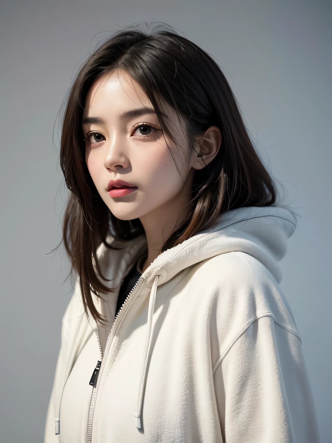 (8k, highest quality, High resolution, RAW photo, masterpiece :1.3), beautiful and stylish adult woman, long face, ((pure white background)), (fleece jacket, Black see-through underwear), ((Accurately express details such as faces and skin textures)), wavy bob hair, take a pose