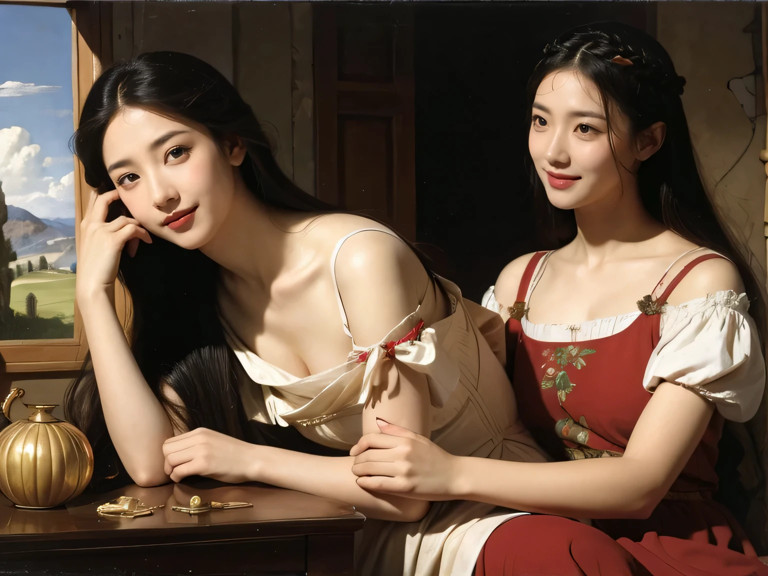Giorgione painting style,Arguments of two female Philosophe,math、astronomical machine、astronaut、roses in vase、fruits、Cute trinkets、smile、ancient greek costume、Ancient Roman landscape in the style of Nicolas Poussin,laughter,,Sweet and seductive appearance.、Caravaggio's paintings、Chiaroscuro of Caravaggio、hair tousled by the wind,Two women frolicking,cute smile, expression of ecstasy,Sexy,??????