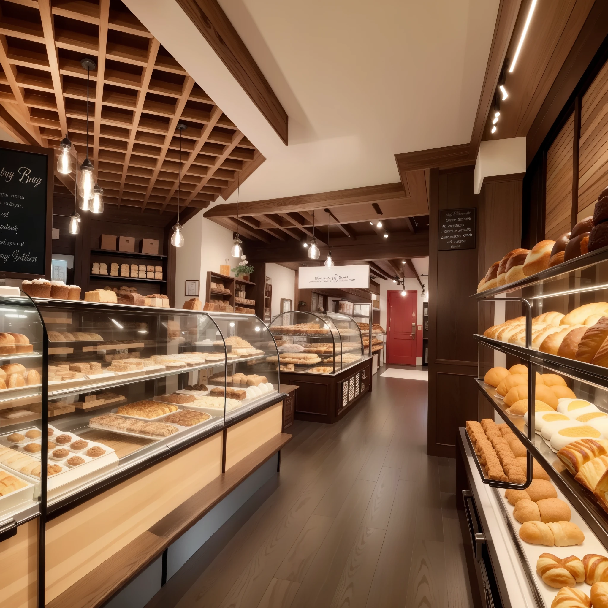 arafed view of a bakery with a variety of pastries on display, fantasy bakery interior setting, bakery, cute bakery shop, Fresh bakery in the background, fantasy bakery, High detail store, Warm and joyful atmosphere, by Ni Yuanlu, Super realistic food pictures, modern look, Cafe interior, charming, author:Bernard D'Andrea, artisan,RAW,extremely high quality,Real shooting