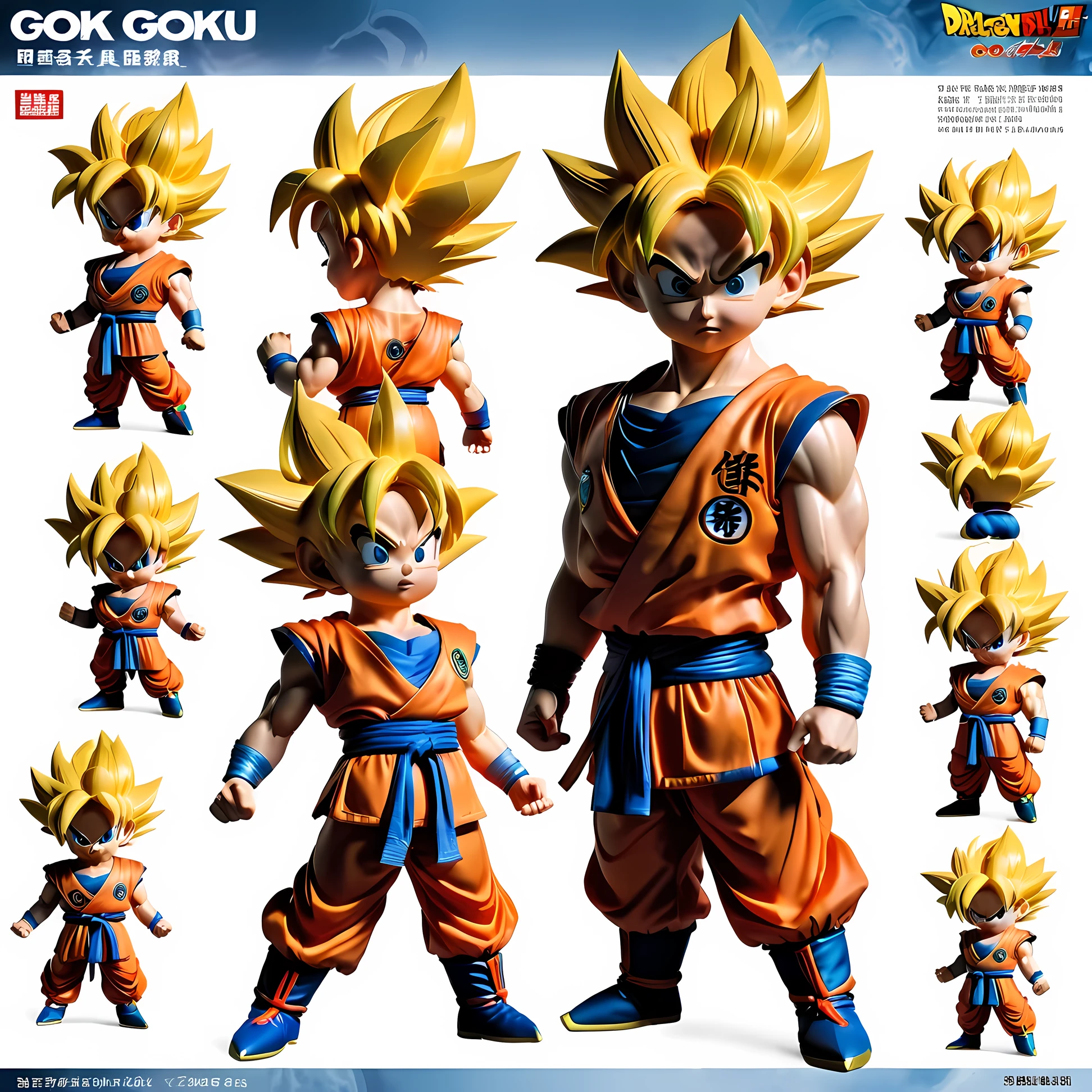 Goku's character design sheet in Dragon Ball,chibi,中国古代chibi文化,Typical appearance、feature、wukong、different angle、color、three dimensional expression、static pose、dynamic action、momentum、smooth movements、strength、charm。