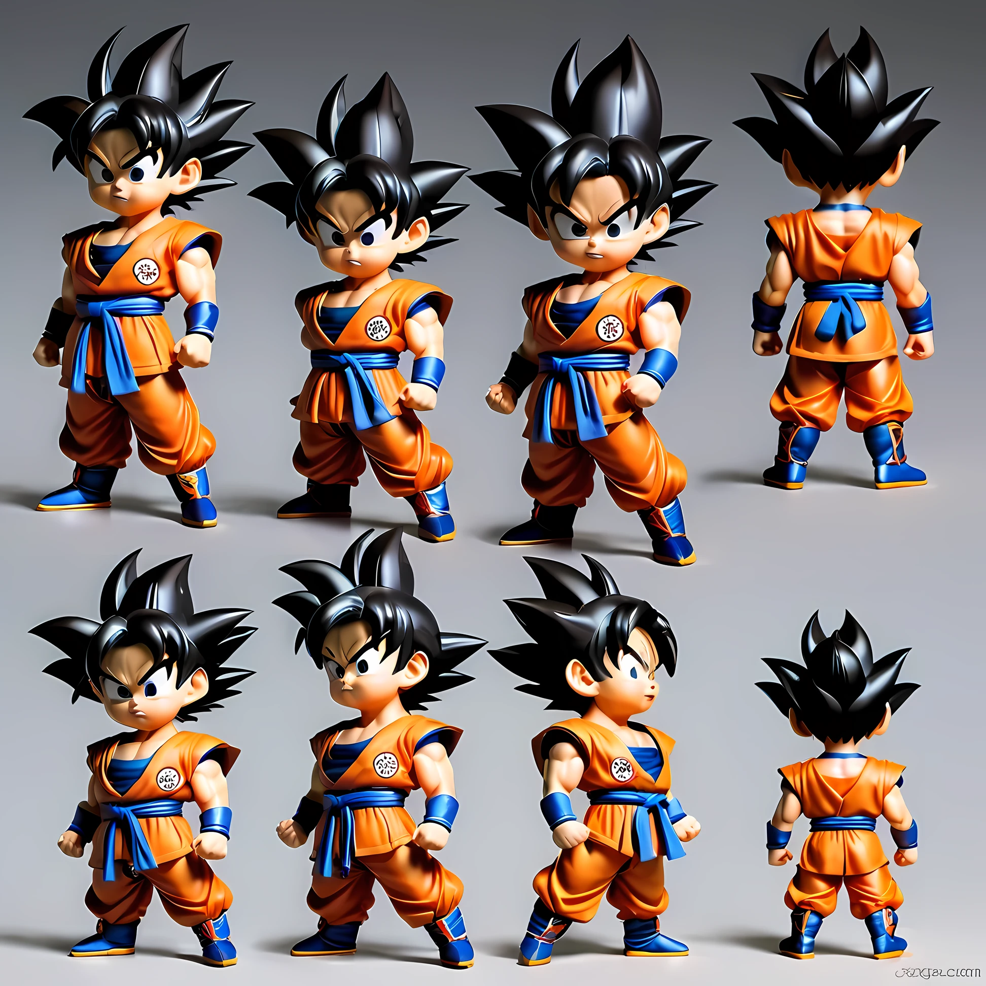 Goku's character design sheet in Dragon Ball,chibi,中国古代chibi文化,Typical appearance、feature、wukong、different angle、color、three dimensional expression、static pose、dynamic action、momentum、smooth movements、strength、charm。