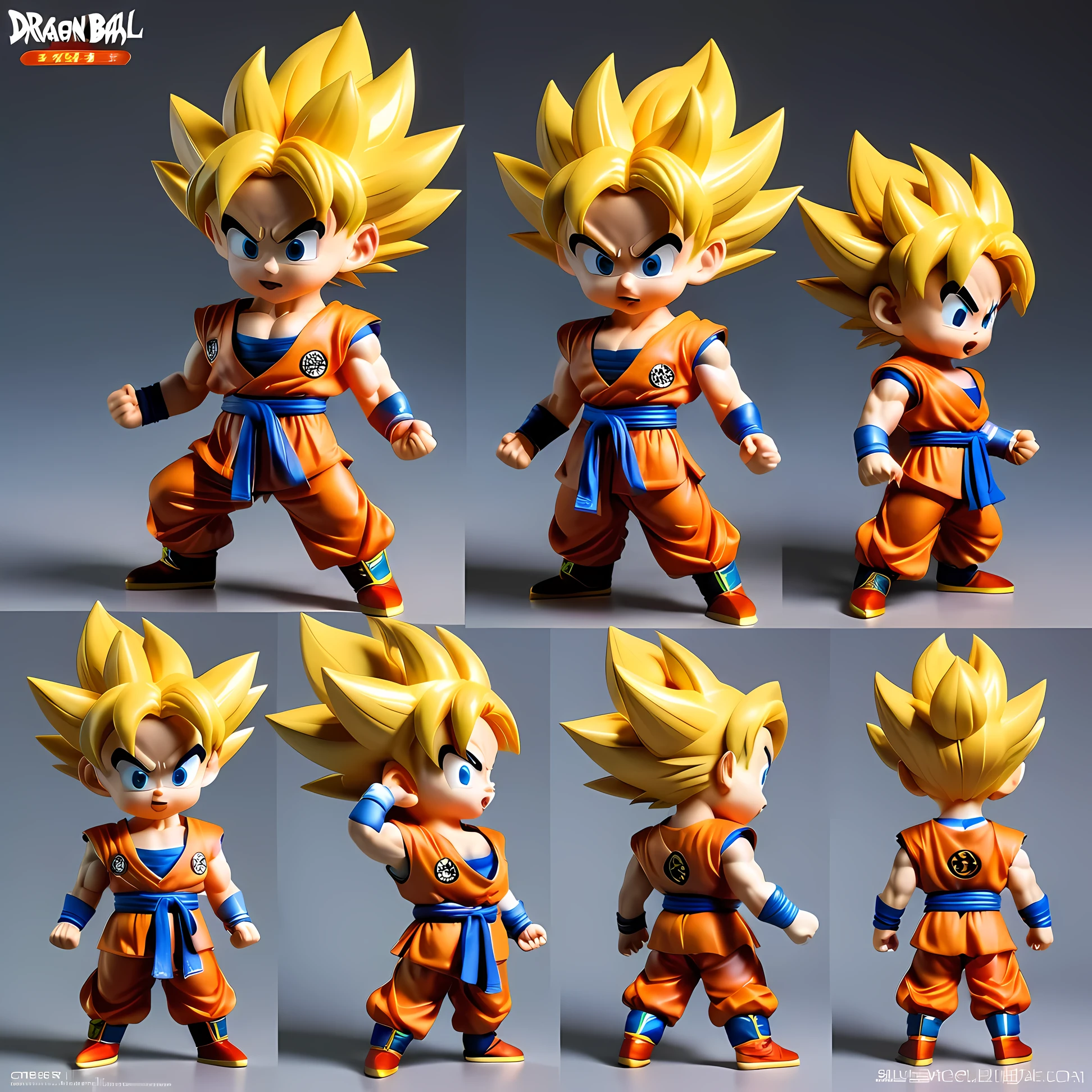  Goku&#39;s character design sheet in Dragon Ball，chibi，中国古代chibi文化，Typical appearance、feature、wukong、different angle、color、three dimensional expression、static pose、dynamic action、momentum、smooth movements、strength、charm。
