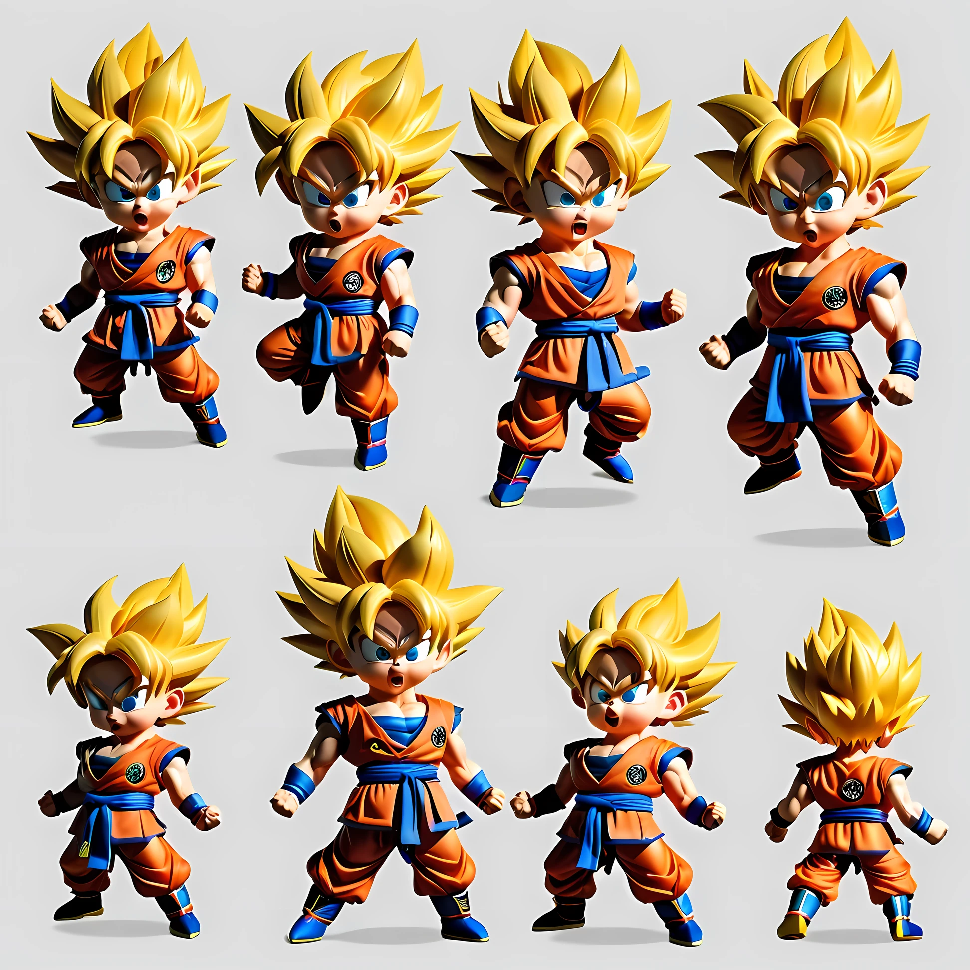  Goku&#39;s character design sheet in Dragon Ball，chibi，中国古代chibi文化，Typical appearance、feature、wukong、different angle、color、three dimensional expression、static pose、dynamic action、momentum、smooth movements、strength、charm。
