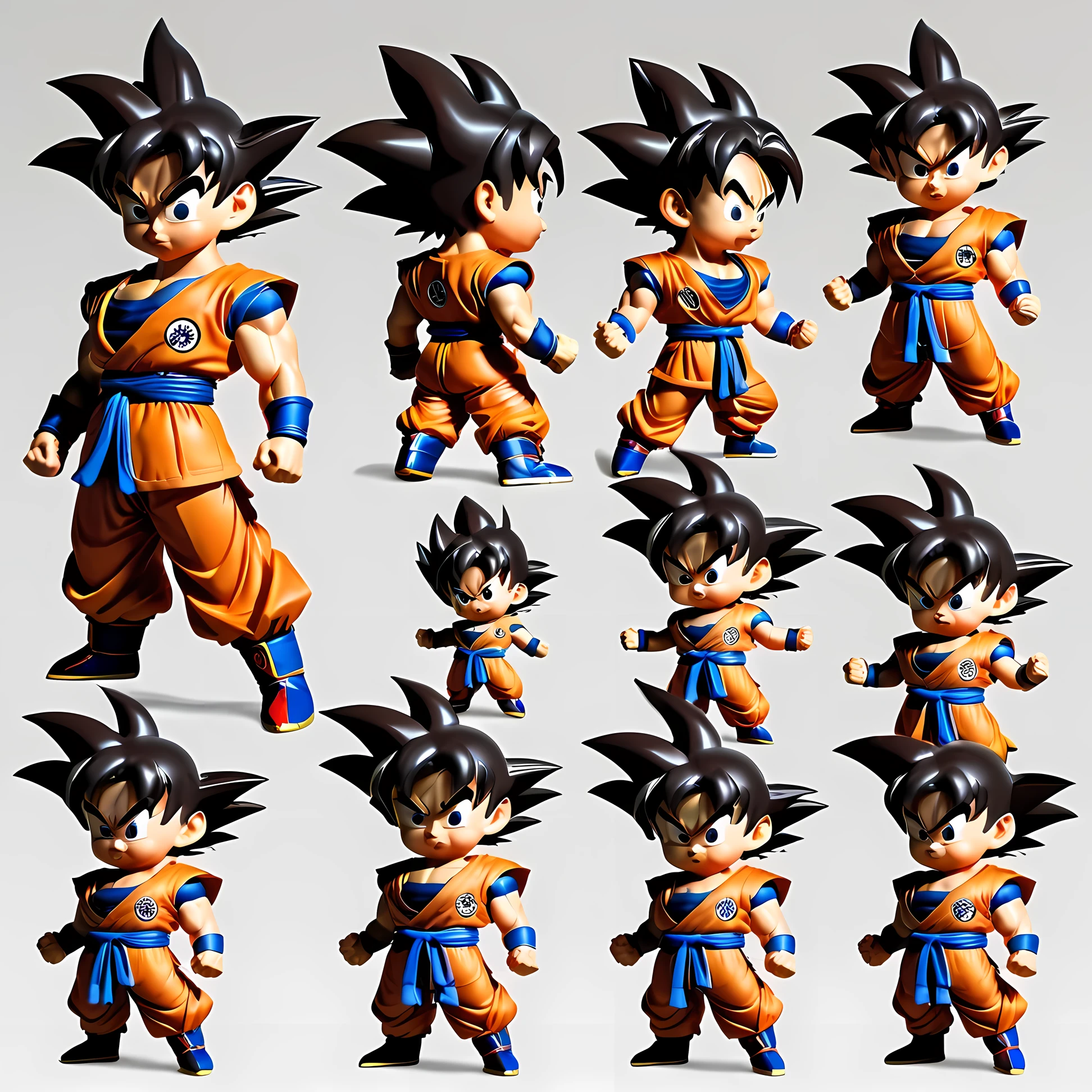  Goku&#39;s character design sheet in Dragon Ball，chibi，中国古代chibi文化，Typical appearance、feature、wukong、different angle、color、three dimensional expression、static pose、dynamic action、momentum、smooth movements、strength、charm。
