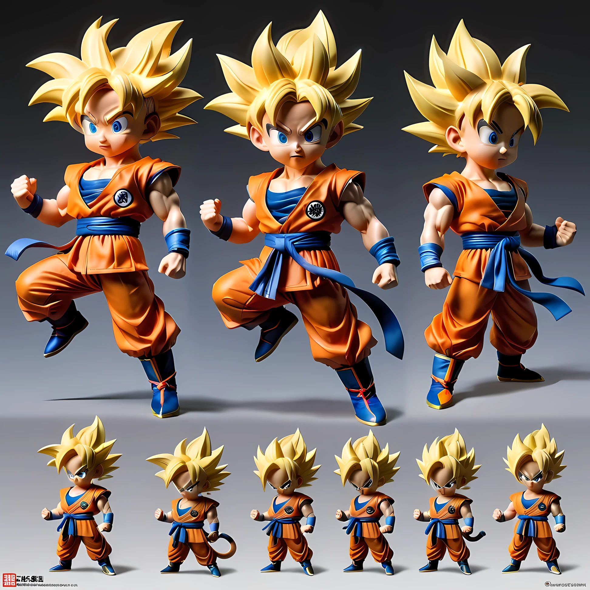 Goku's character design sheet in Dragon Ball,chibi,中国古代chibi文化,Typical appearance、feature、wukong、different angle、color、three dimensional expression、static pose、dynamic action、momentum、smooth movements、strength、charm。