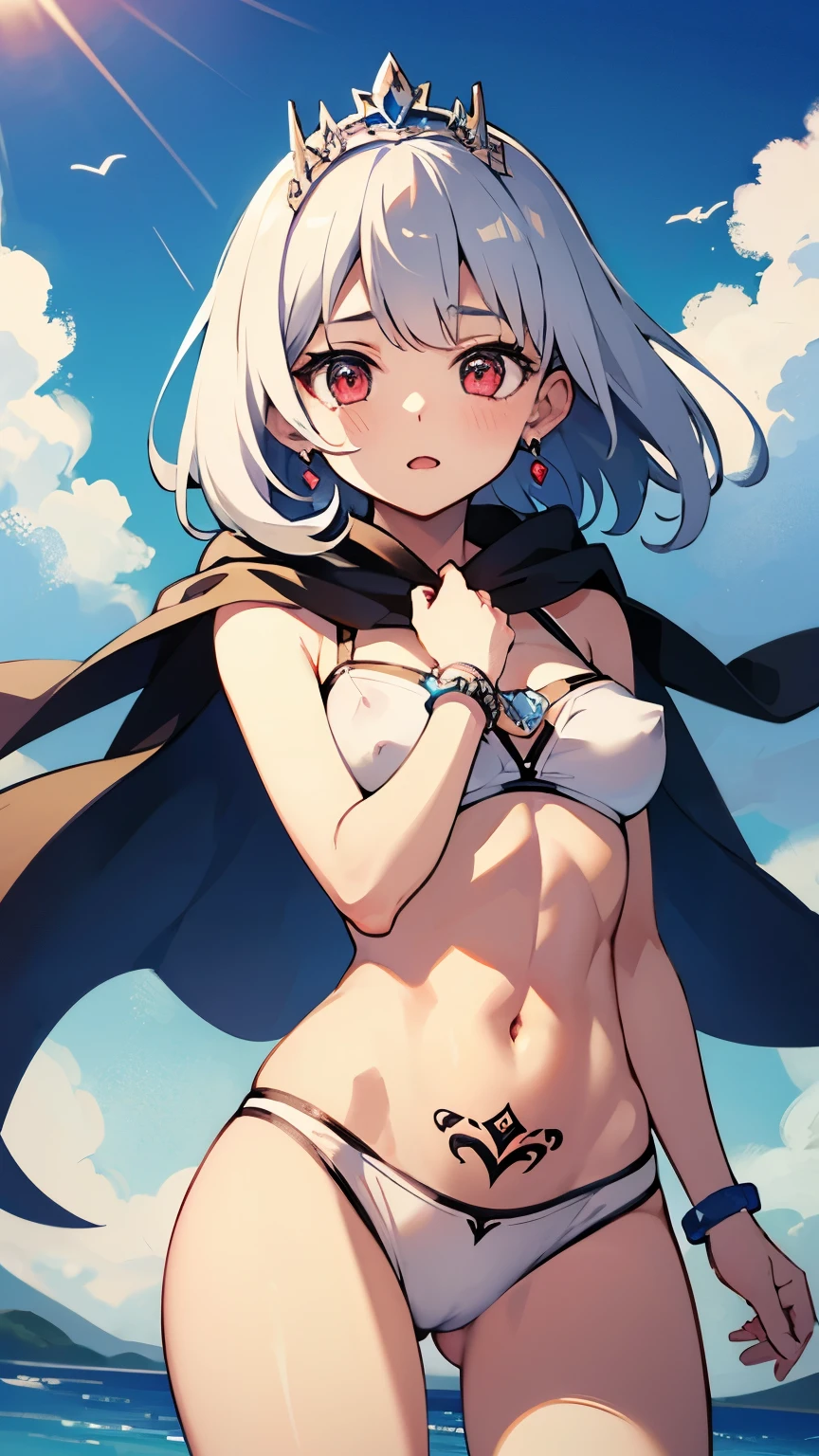 young girl silver hair white underwear short hair red eyes irreverent face look down thin body thin thighs small breasts small ass toned body wrist bracelet jewelry bracelet tiara with jewels sunlight ripped abs slanted eyes white skin deep red eyes symmetrical arm tattoo high quality High resolution 8k perfect 天使のようなyoung girl 女神のようなyoung girl See-through hair blowing in the wind おI can see the navel blue sky big cloud little girl like a goddess Beautiful girl Sexy littleBeautiful symmetrical bracelet symmetrical tiara symmetrical swimwear ripped abs symmetrical earrings I can see your chest nipples are transparent Blowing in the wind big eyes cinched waist tattoo on arm I can see the navel I can see the breasts