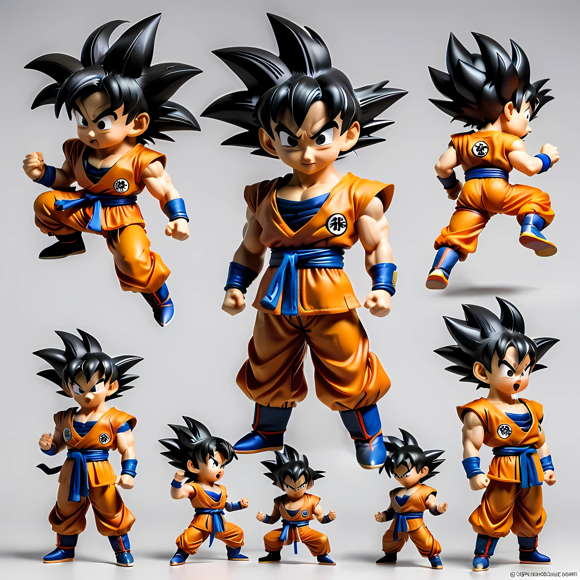  Goku&#39;s character design sheet in Dragon Ball，chibi，中国古代chibi文化，Typical appearance、feature、wukong、different angle、color、three dimensional expression、static pose、dynamic action、momentum、smooth movements、strength、charm。
